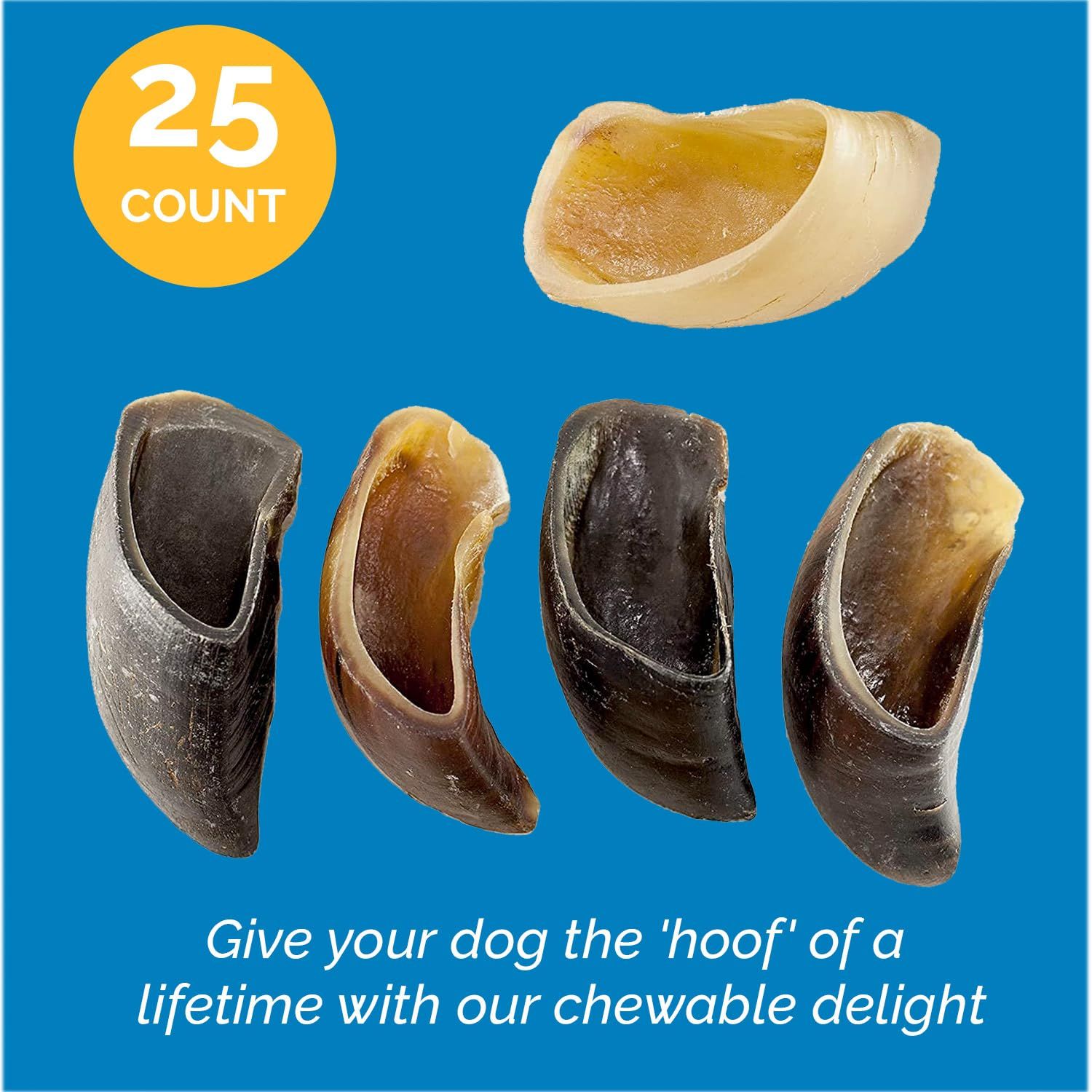 123 Treats | Hooves for Dogs (25 Count) | 100% Natural Long-Lasting Beef Dog Treats Made from Beef Hoof | from Free Range, Grass Fed Cattle with NO Additives, Coloring or Chemicals.