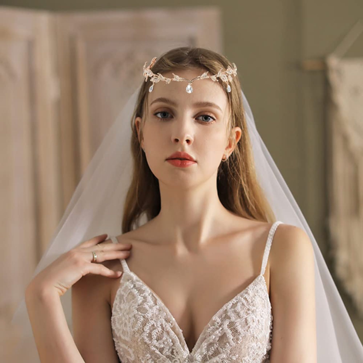 DonLeeving Elegant Rhinestone Leaf Wedding Tiaras and Crowns Crystal Pendent Tiara Headband for Bride Bridesmaid Birthday Crown Cosplay Accessories for Women
