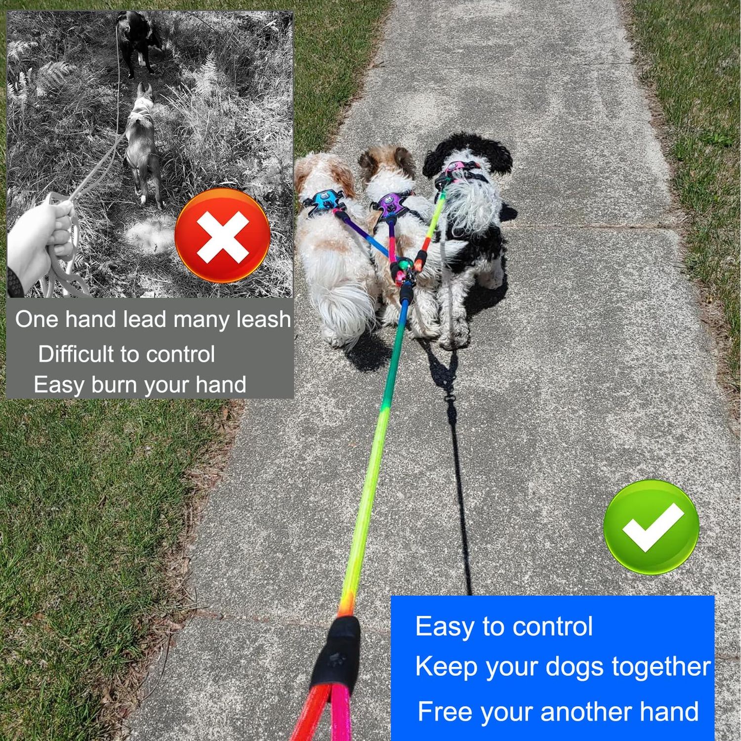 Heavy Duty 3 Dog Leash No Tangle, 3 in 1 Multiple Dog Leash, Double Dog Leash for 2 Dogs,3 Way Dog Leash with Soft Padded Handle, Detachable Triple Dog Leash Large Dog Leash for Walking and Training