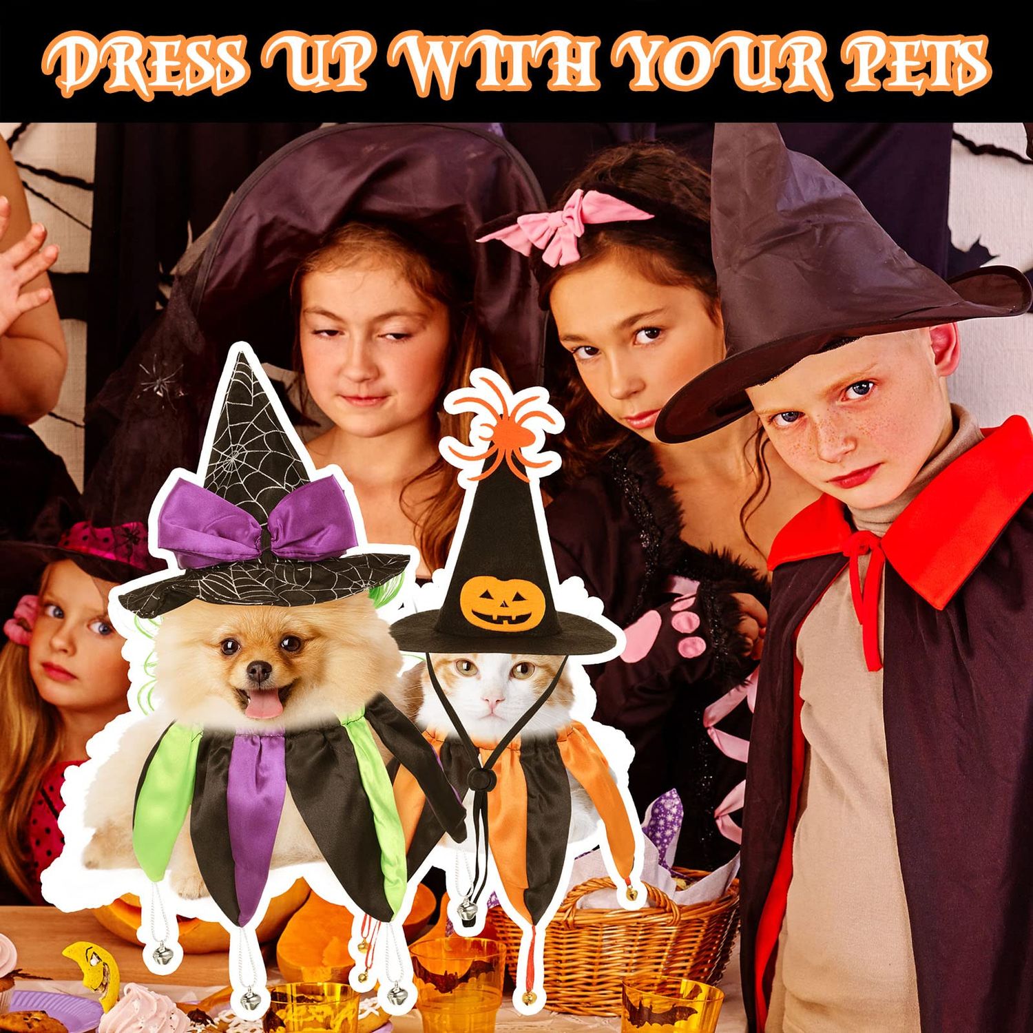 4 Pcs Halloween Cat Witch Costumes Witch Cat Hats and Collars with Bells Funny Wizard Costumes Cat Halloween Apparel Accessories for Small Dogs and Cats Halloween Party Cosplay Decorations Supplies