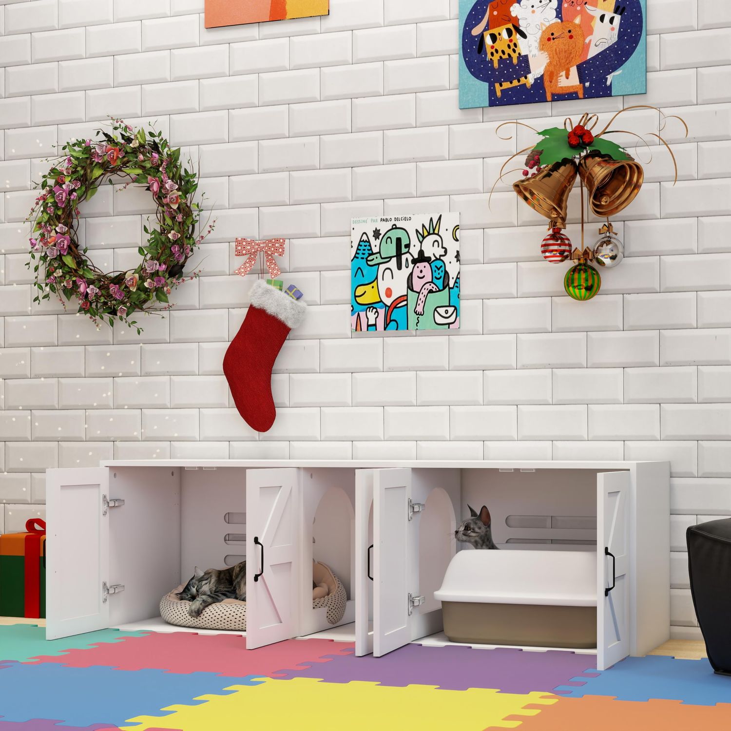 Cat Litter Box Enclosure Hidden for 2, Farmhouse Litter Box Furniture with Double Room, Front Entry Cat Door House, Wooden Side End Table, TV Stand with Storage