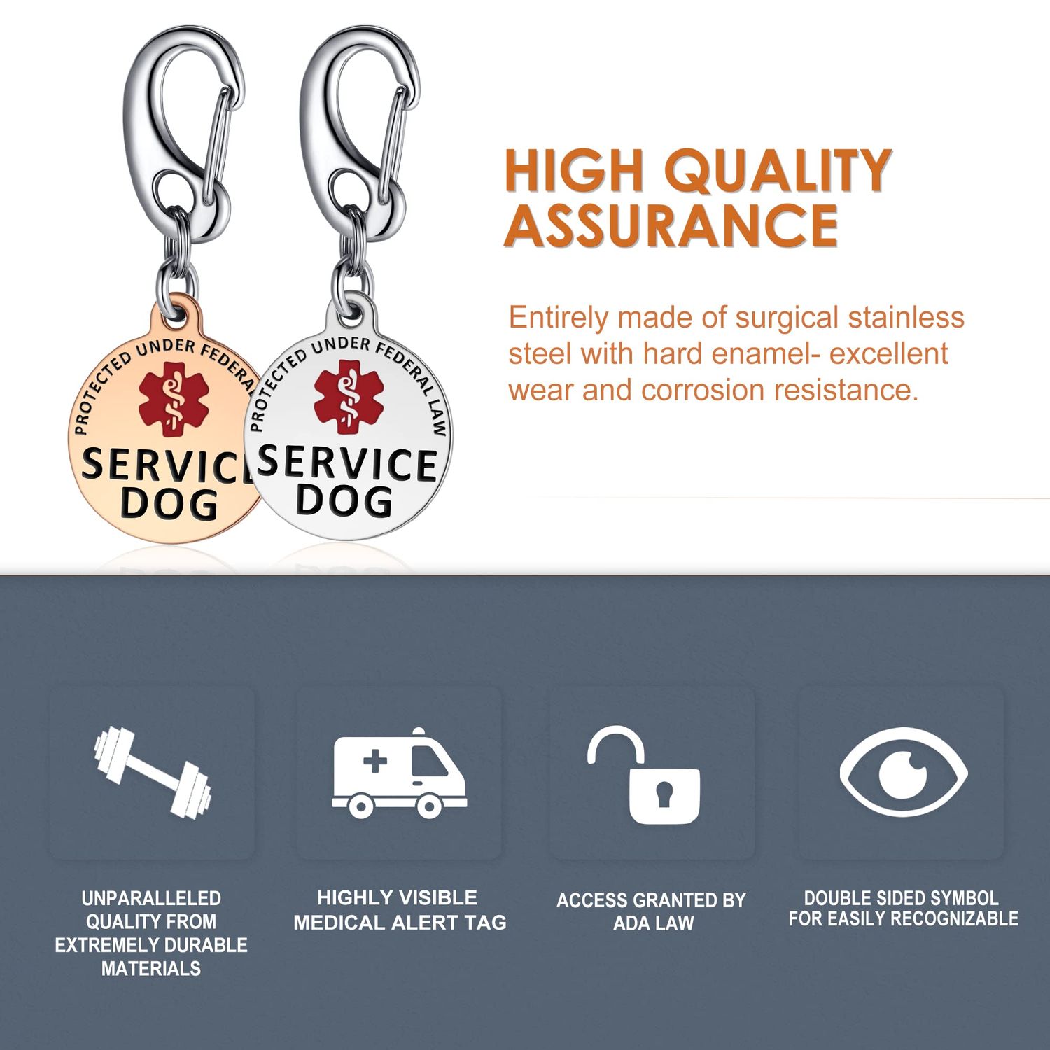 Leash King ESA Dog Tag Double Sided Federal Protection with Red Medical Alert Symbol Pet ID Tags 1.25 inch. Easily attach to Collar Harness Vest Dog Service Tag with 1.3" Solid Quick Clip – Polished
