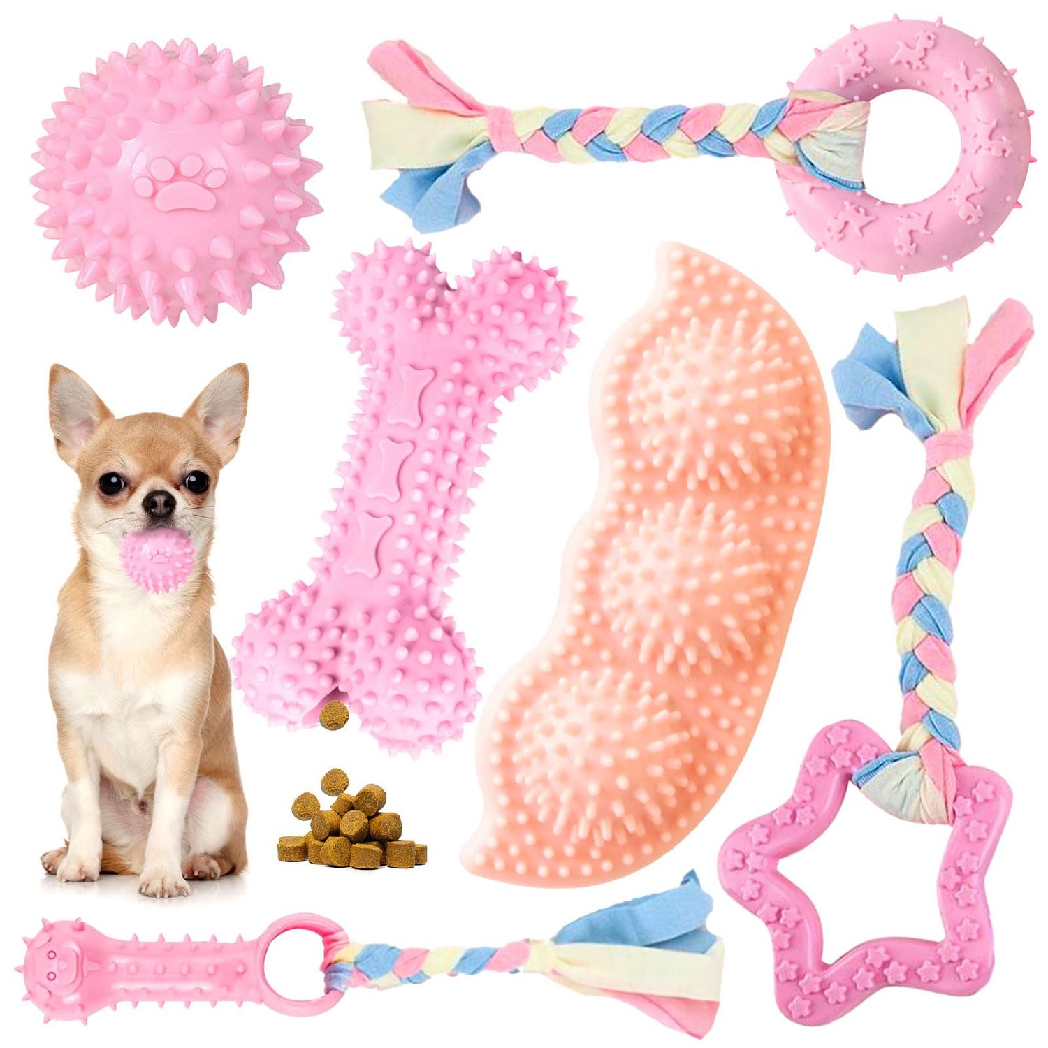 Petcare 6 Pack Puppy Chew Toys for Teething Cute Pink Puppy Toys Small Dog Toys Soft Rubber Rope Dog Toys Funny Bone Ball Cleaning Teeth Dog Chew Toys Puppy Teething Toys for Puppies Yorkie