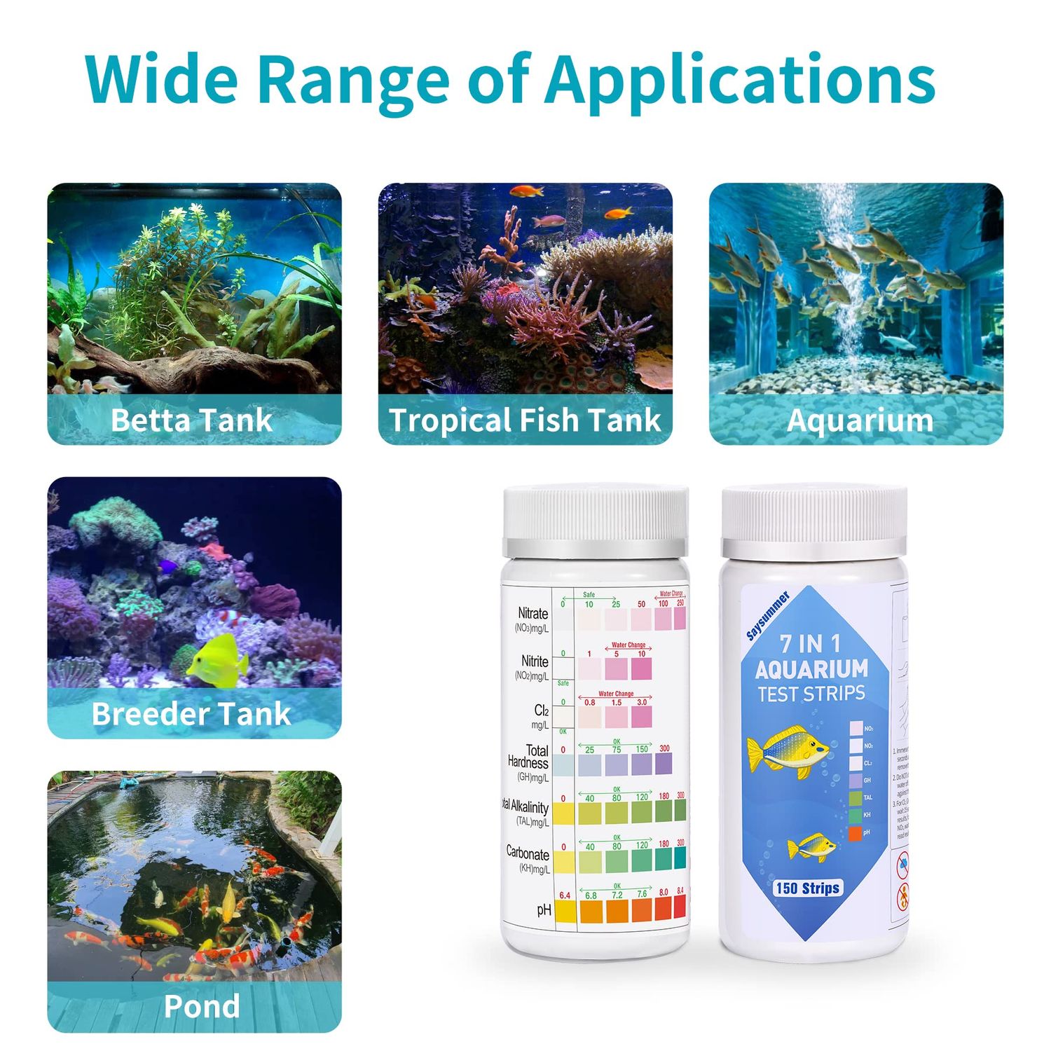 Aquarium Test Strips for Fish Tank: 7-Way 150 Strips Aquarium Water Test Kit Freshwater Saltwater Testing pH Nitrate
