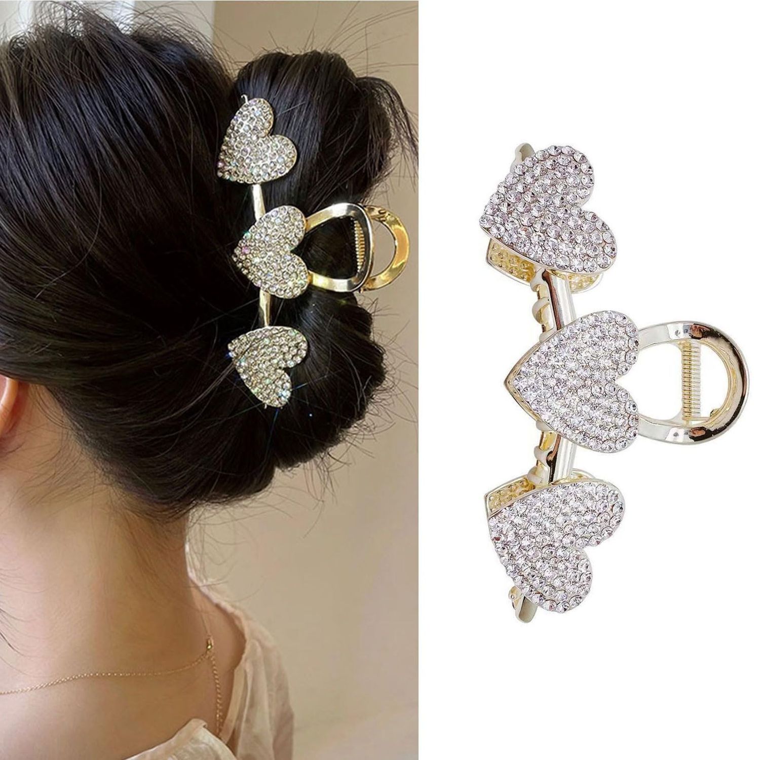 Pearls Heart Hair Clips Valentines Day Hair Accessories for Women Girls Rhinestones Gold Metal Hair Claw Clips Shiny Hearts Hairpins Strong Hold Hair Clip for Thick or Thin Hair Decoration 1 Pcs