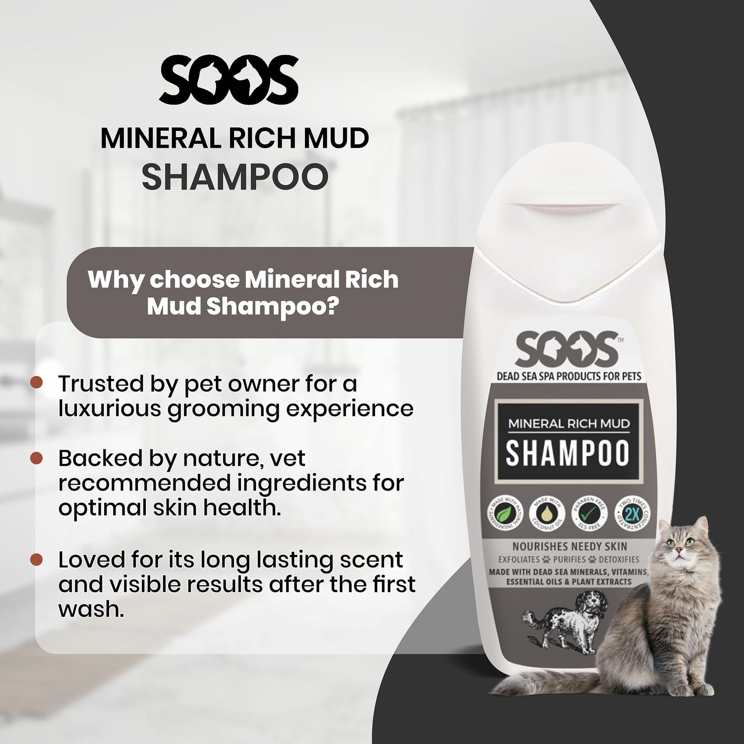 Soos Pet Dog Shampoo for Cats and Pets Mineral Rich Mud Natural Dead Sea Cruelty Free Fast Absorbing Skin Cooling First Aid Antib-acterial and Antif-ungal Odor Remover - 1x 250ml