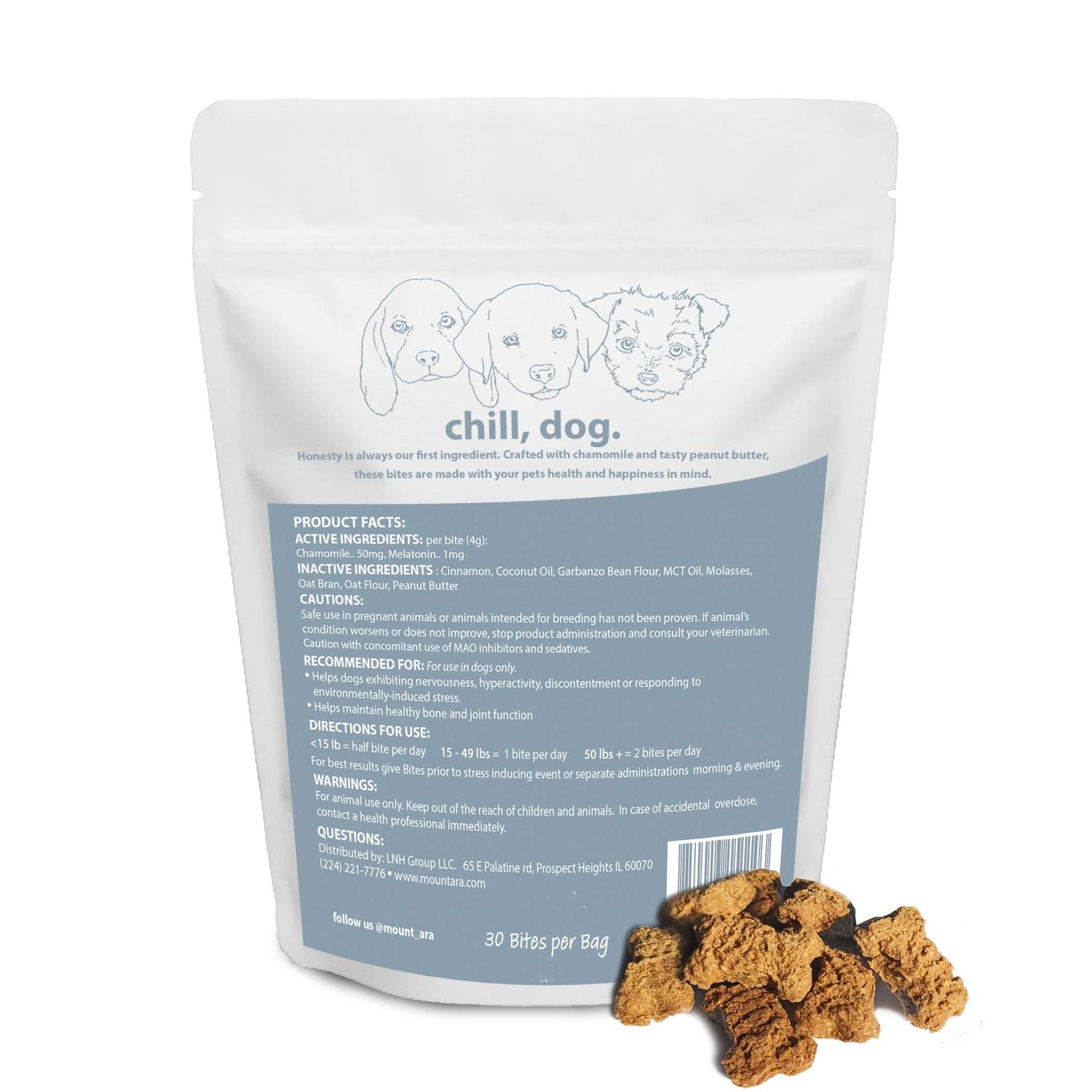 chill by mount ara CHILL Bites Calming Dog Treats for Relaxation, Made with Peanut Butter, Chamomile, & Melatonin for Dogs, Natural Dog Treats 4 oz