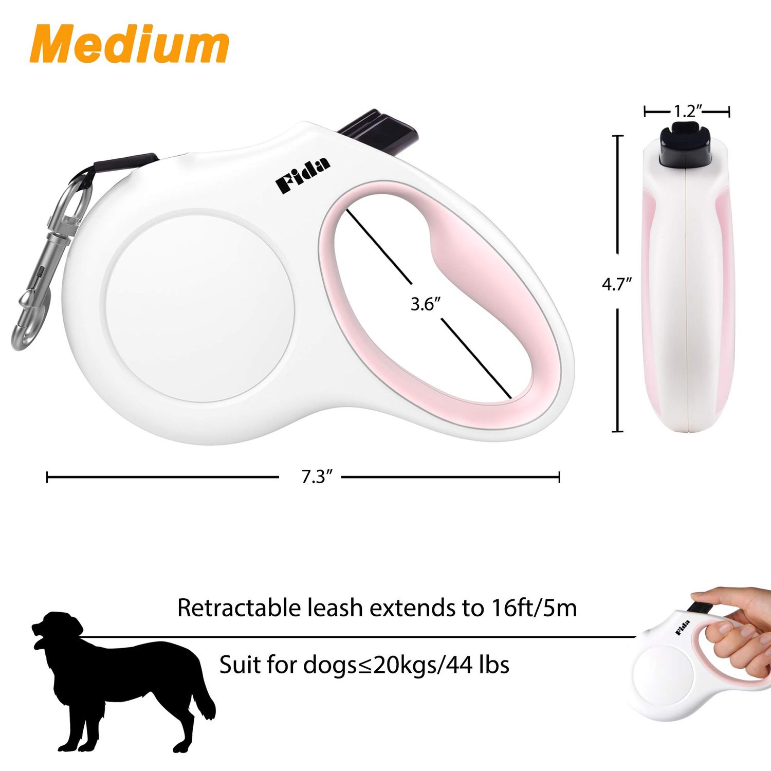 Fida Retractable Dog Leash with Dispenser and Poop Bags, 16 ft Pet Walking Leash for Medium Dog or Cat up to 44 lbs, Anti-Slip Handle, Tangle Free, Reflective Nylon Tape (M, White)