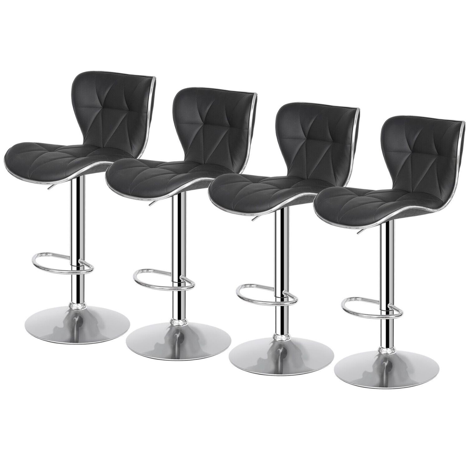 Set of 4 Black Bar Stools w/Shell Back PU Leather Back Adjustable Swivel Stools