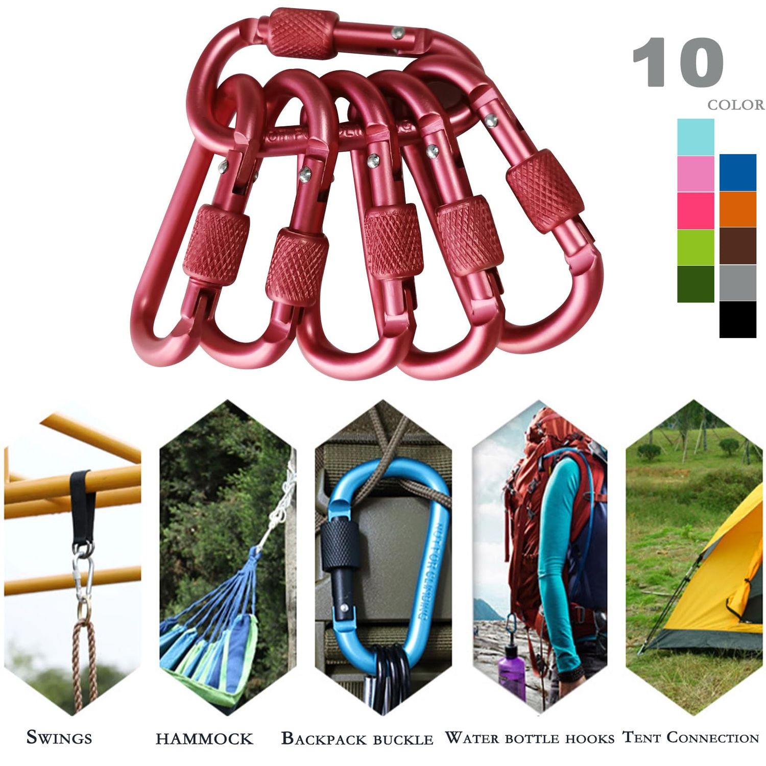 10 Pack Keychain Clips with Screw Gate, Leash Clips for Dog Poop Bags Holder Aluminum Alloy Fast Hanging Buckle 5.5mm Diameter Outdoor Carabiners not for Climing(Rose)