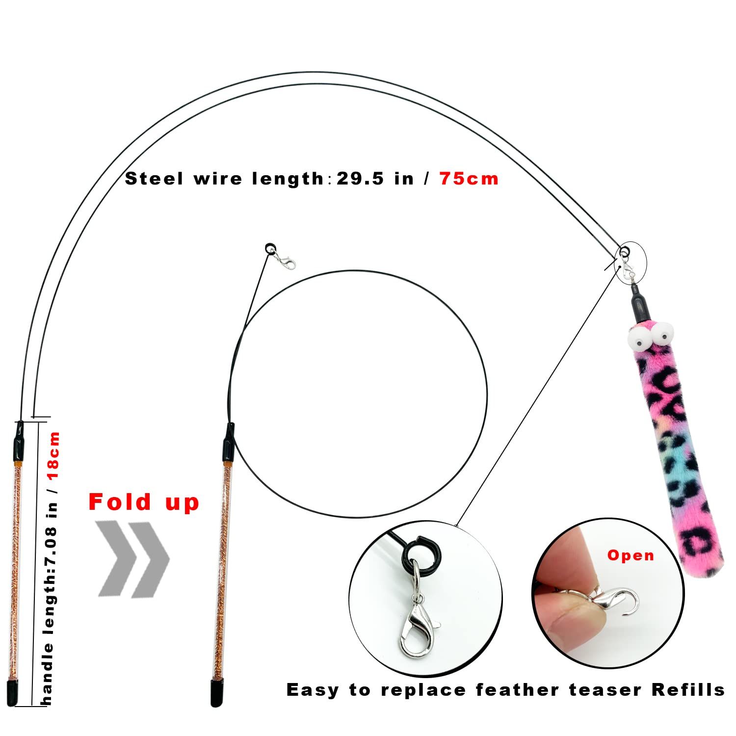 CATENESS Cat Wand Feather Toys, 1 PCS Elasticity Cat Toy Wand and 8 PCS Worms Refills, Interactive Teaser Wand Toy for Indoor Cats Play Exercise