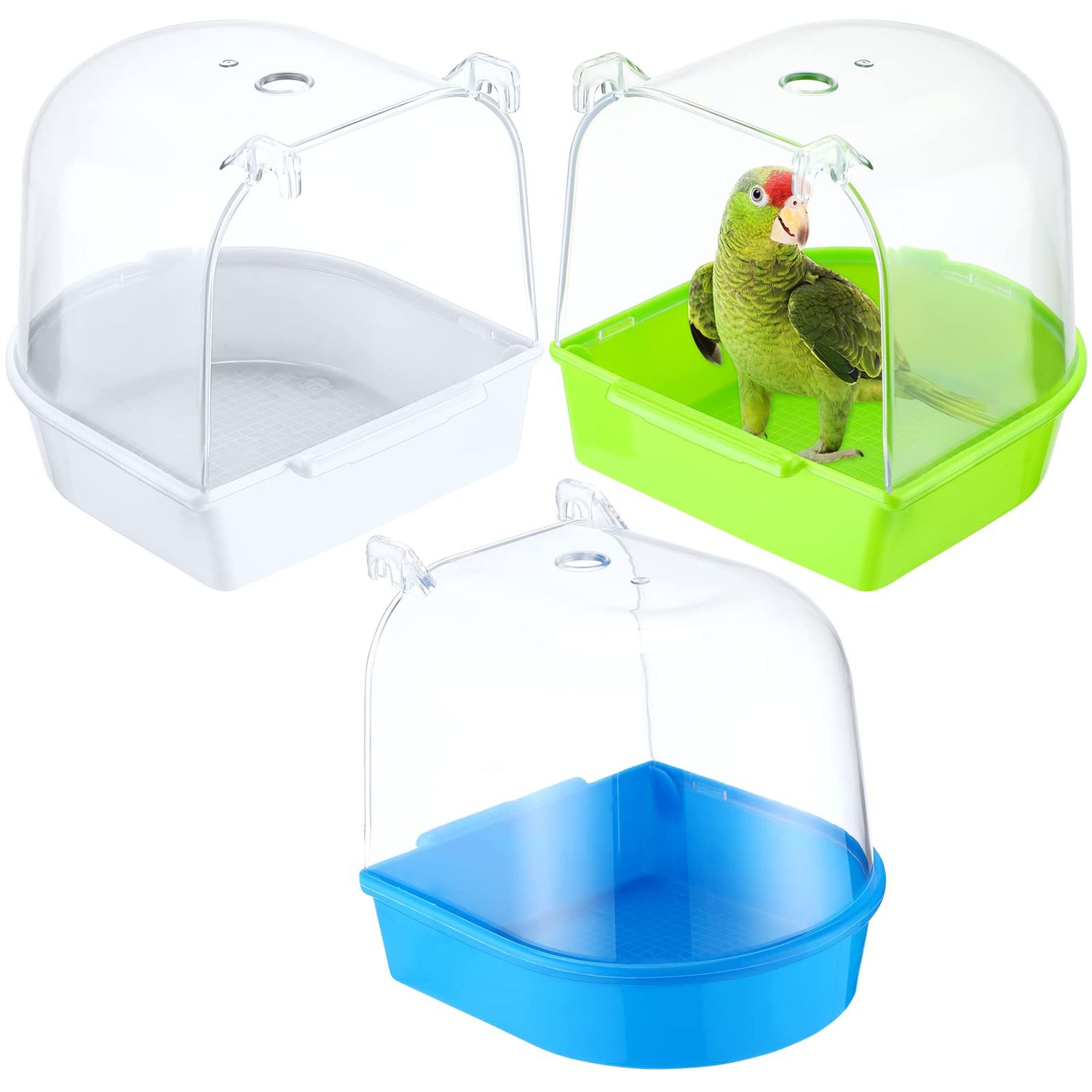 3 Pieces Clear Bird Bath for Cage Parakeet Bird Cage Accessories Hanging Bath Box Parrot Bathing Tub with Clear View for Cockatiel Conure Canary Budgies Parrots Blue Green White