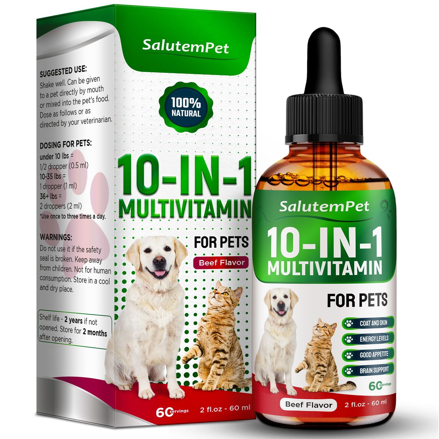 Liquid Multivitamin for Dogs - Multivitamin for Cats - Dog Vitamins and Supplements - Beef Flavor, 2 fl.oz