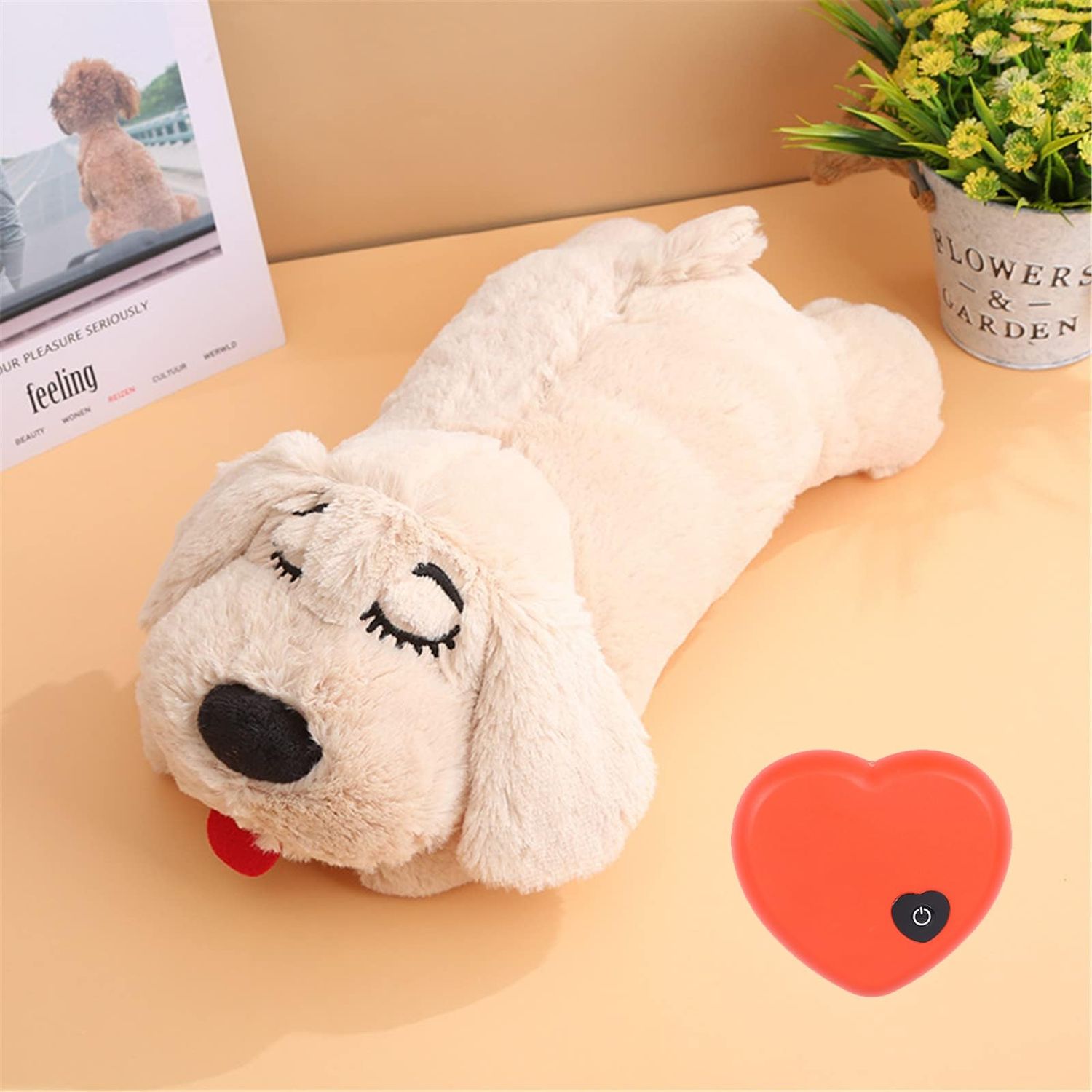 Heartbeat Puppy Toy Sleep Aid,Heartbeat Dogs Toys for Anxiety Relief,Stuffed Animal with Heartbeat for Puppy,Dog Heartbeat Toy for Puppy,Heartbeat Pillow Calming Toys Puppy Essentials Supplies(Beige)