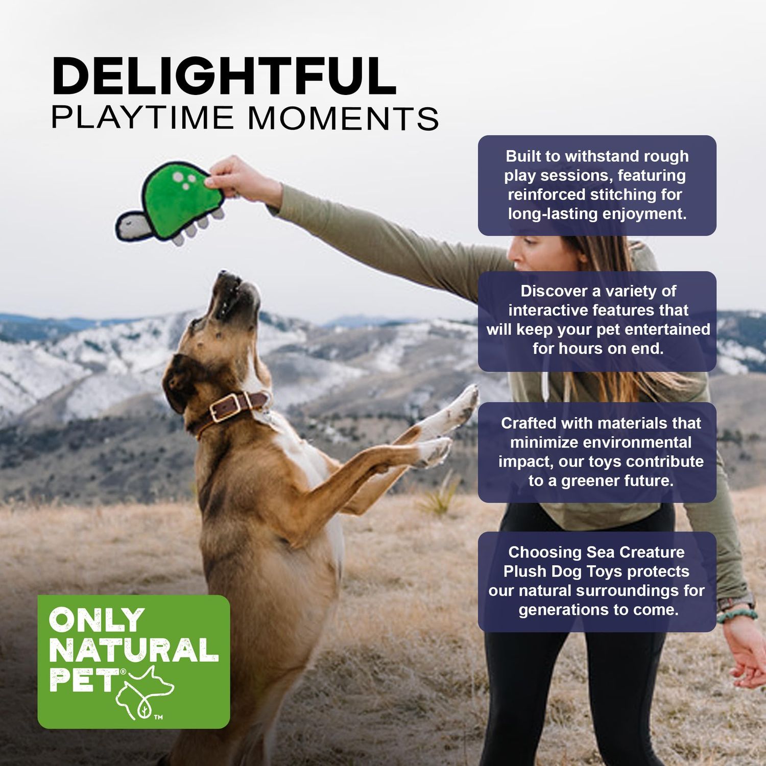 Only Natural Pet Sea Creatures Recycled Plush Dog Toys - Durable Double-Stitched Design with Internal Squeaker, Rope Tug Tail & Plush Head - Squeaky Pet Toy | Titan The Turtle, 11" x 5.5"