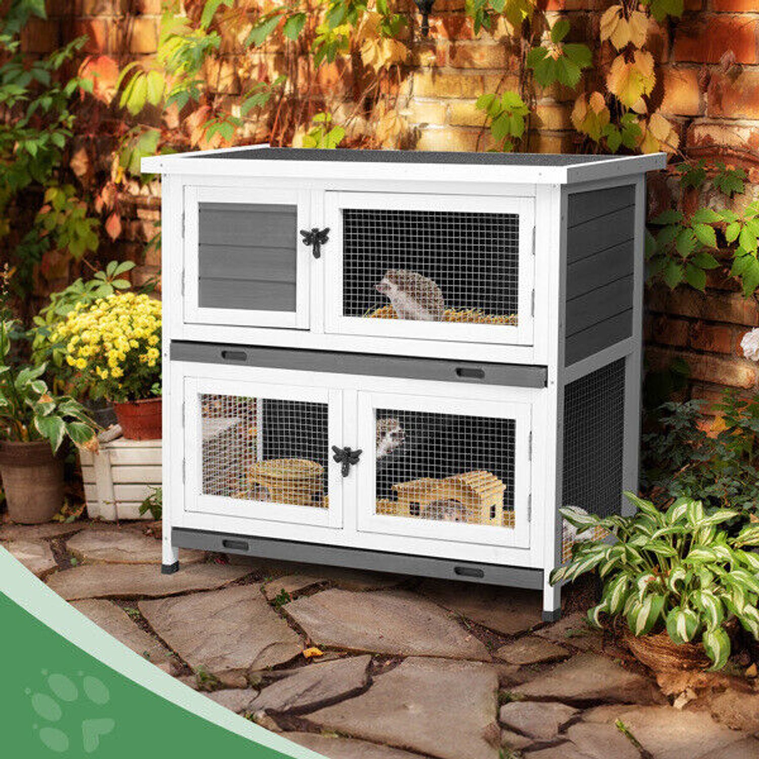 Indoor Outdoor 2 Story Solid Wood Rabbit Hutch Guinea Pig Cage Pet House Grey