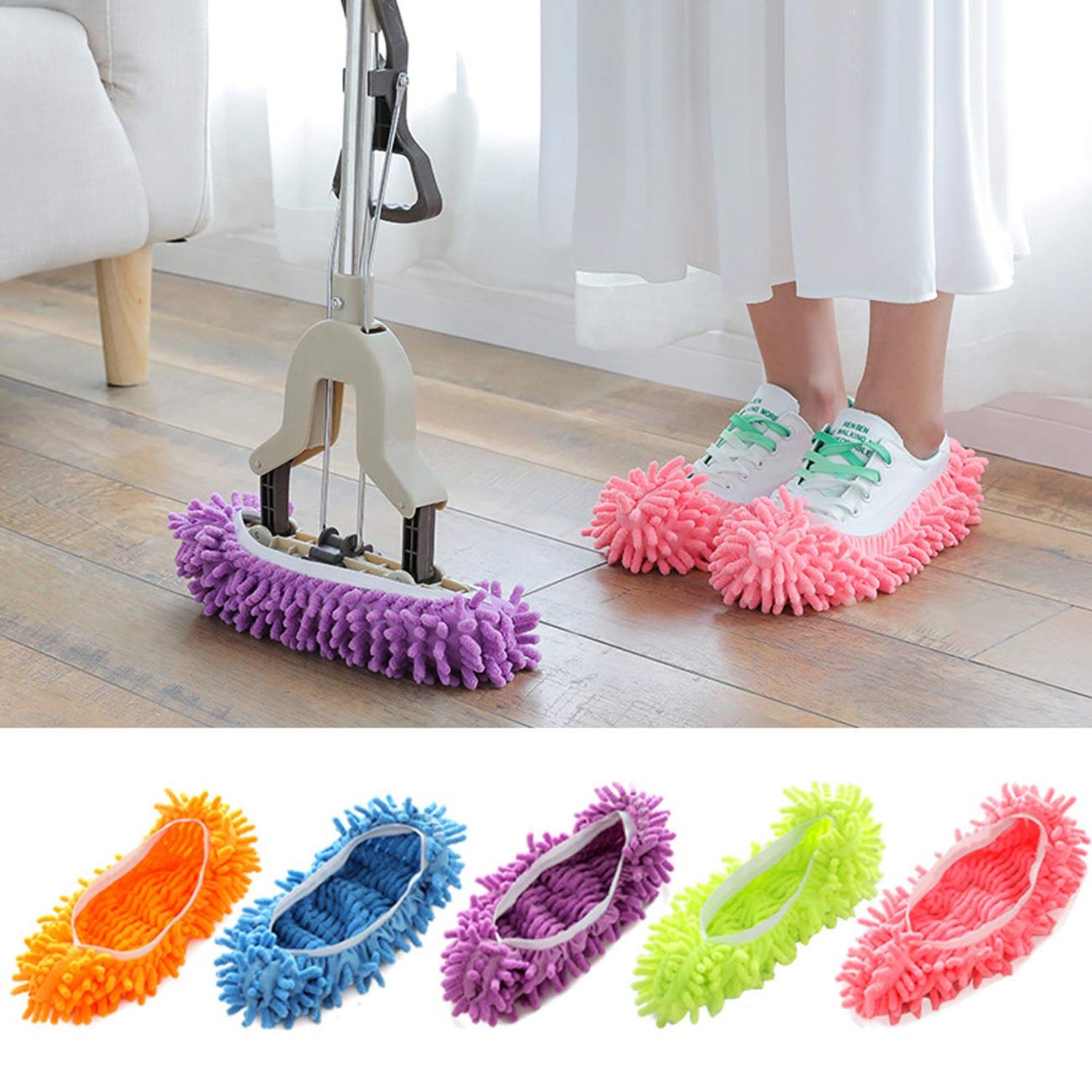 Acronde 5Pairs Multi Function Duster Mop Slippers Shoes Cover Chenille Fiber Washable Foot Socks Floor Cleaning Tools Shoe Cover for Bathroom, Office, Kitchen, House Polishing Cleaning