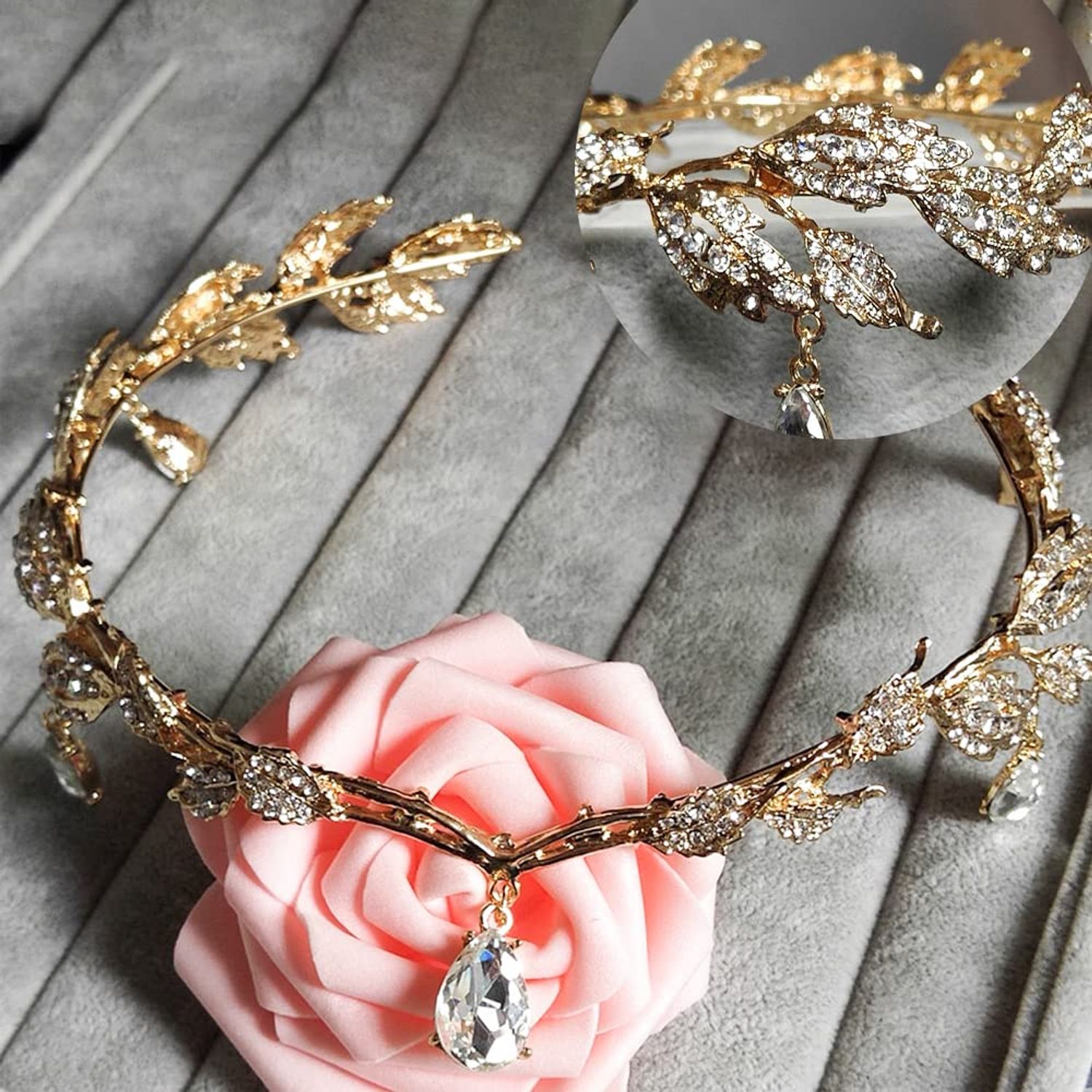 DonLeeving Elegant Rhinestone Leaf Wedding Tiaras and Crowns Crystal Pendent Tiara Headband for Bride Bridesmaid Birthday Crown Cosplay Accessories for Women