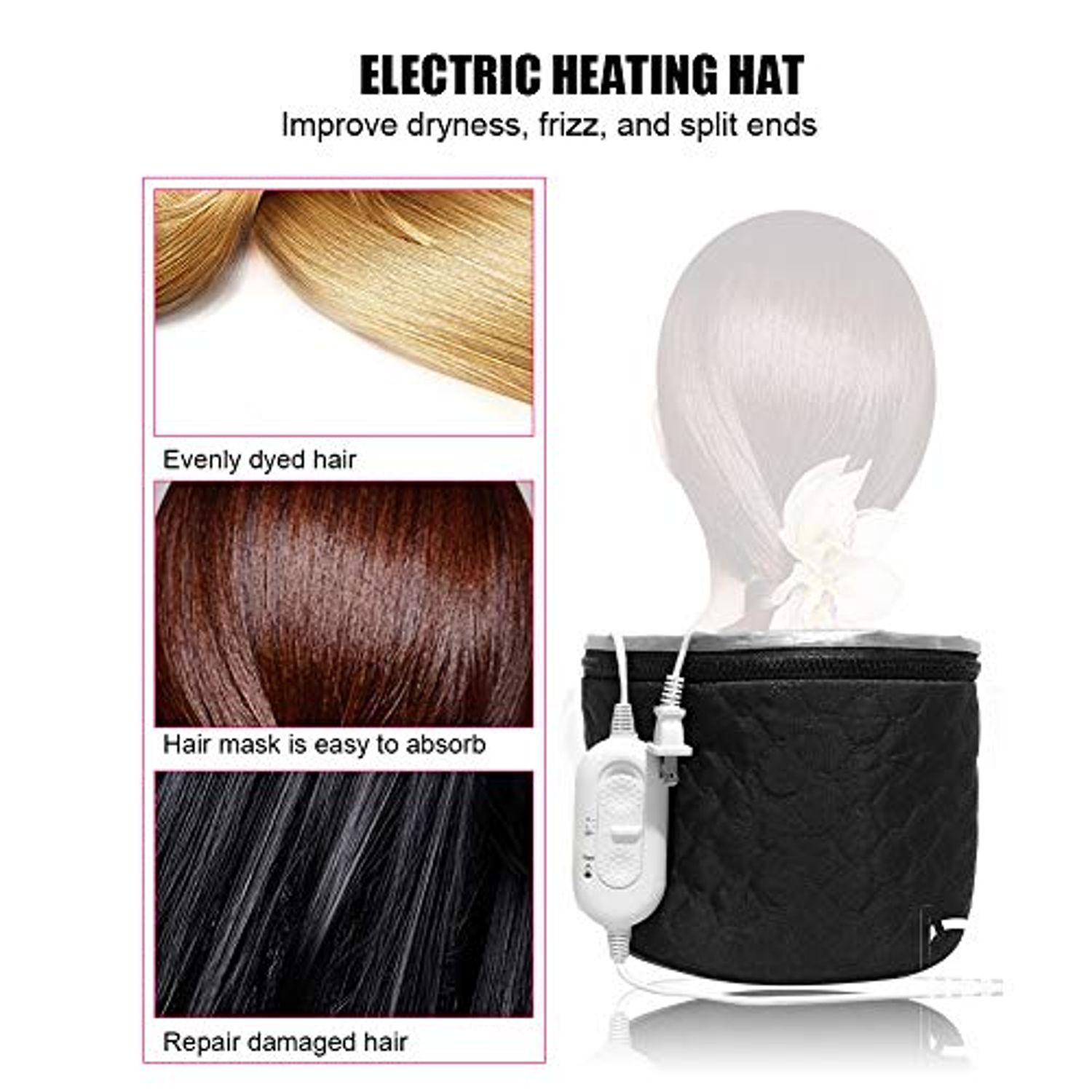 Electric Hair Cap Thermal Cap, Hair Steamer Cap for Deep Nourishing Conditioning Hair Thermal Treatment Spa Hair Care Cap Adjustable Temperature for Home Use,Black