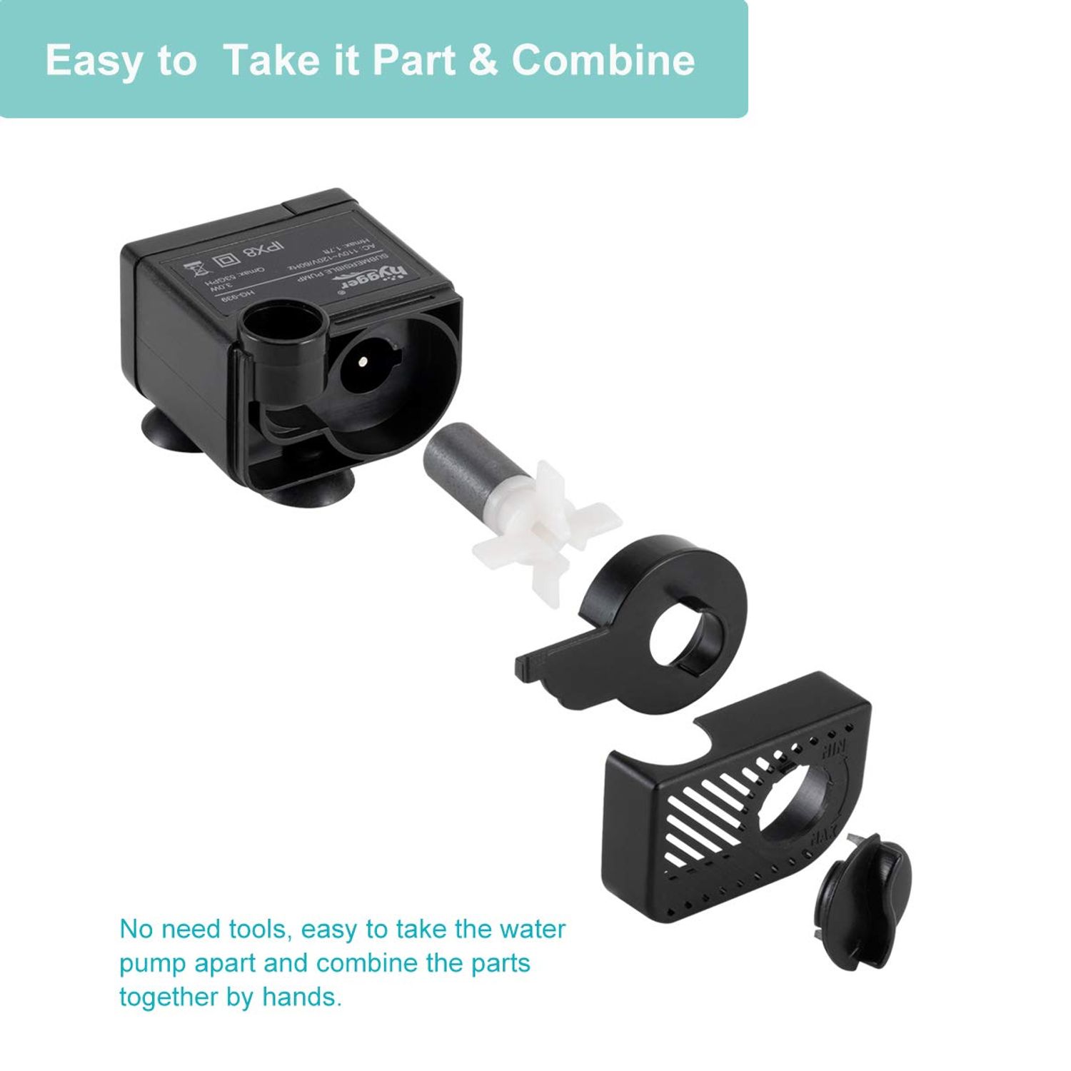 hygger Ultra Quiet 53GPH (200L/H, 3W) Submersible Mini Water Pump Comes with 2 Nozzles, for Aquariums, Fish Tank, Fountain, Hydroponics, Max Lift Height 1.7ft ,120V/60HZ, Power Cord 6ft