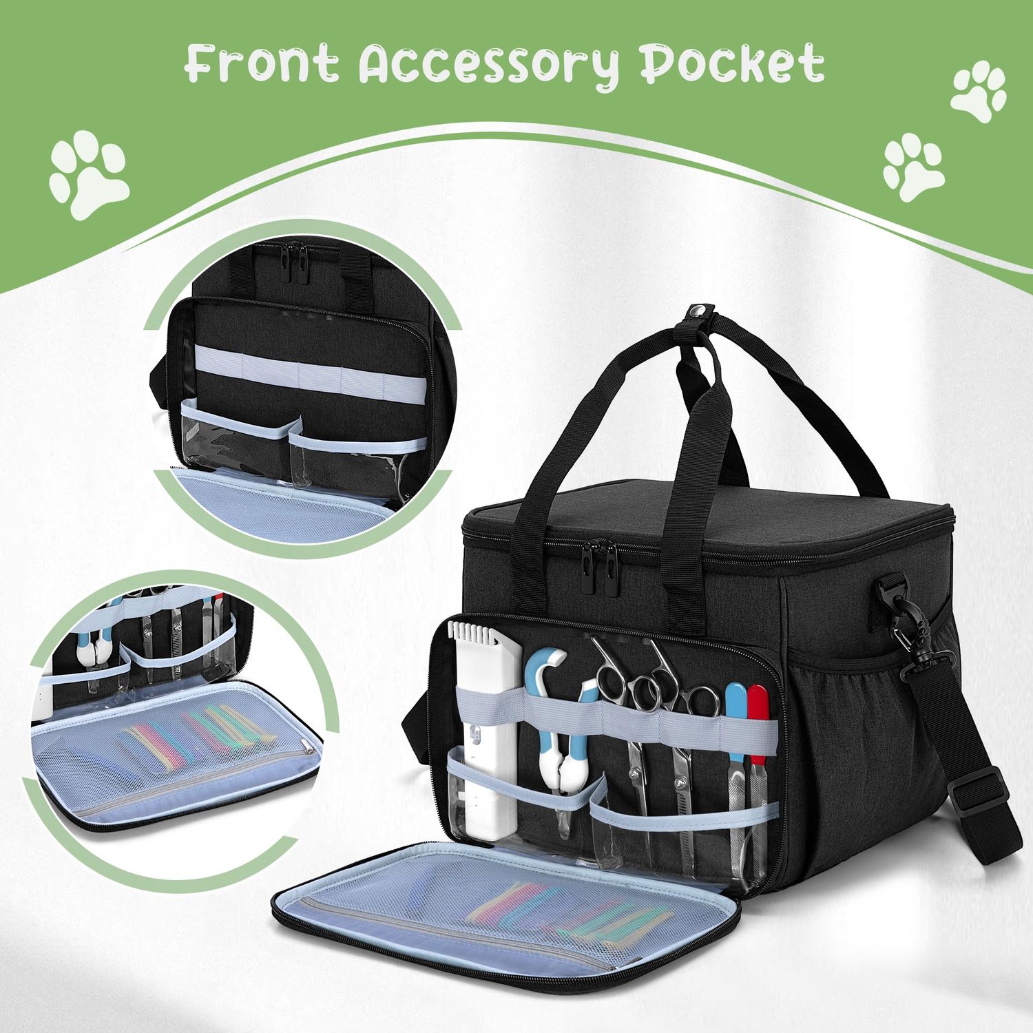 CURMIO Pet Grooming Tote Bag, Pet Grooming Supplies Organizer for Cat Dog grooming kit, Pet Supplies Storage Bag for Dog Cat Clippers, Brush, Scissors or Other Pet Care Supplies, Black (BAG ONLY)