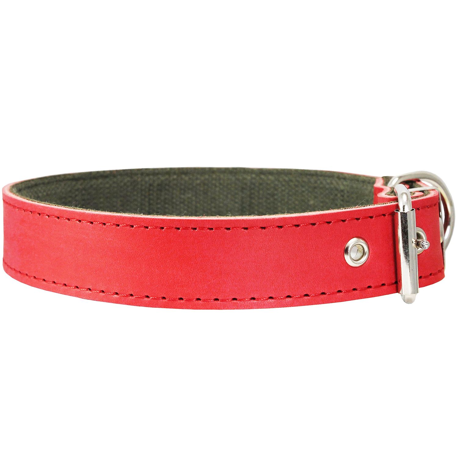 Thick Genuine Leather Dog Collar, Cotton Padded, 1.25" Wide. (Neck Circumf.: 21.5"-25", Red)