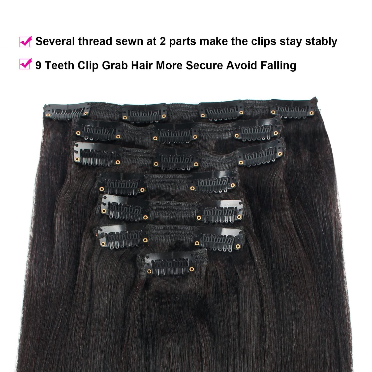 Lovrio 9A Yaki Straight Clip in Human Hair Extensions Double Weft Straight Clip in Hair Extensions Human Hair for Black Women 16 Inch Natural Black Yaki Clip ins Hair 120 Grams 7 Pieces With 17 Clips