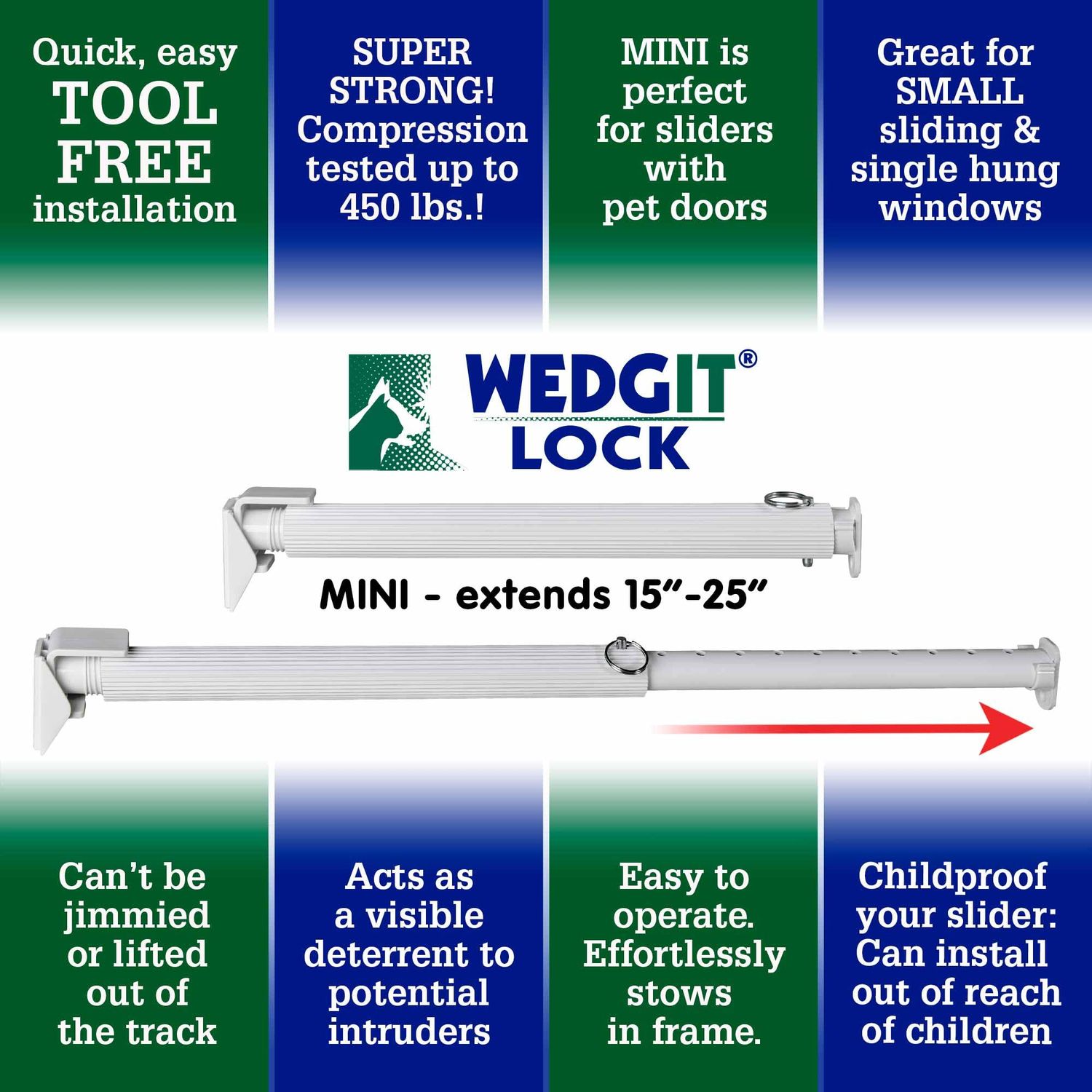 Wedgit White Mini Twist Tight Security Bar Small Size Extends 15” to 25” Sliding Glass Door Pet Door Panel Lock – Single Hung & Sliding Window Locks