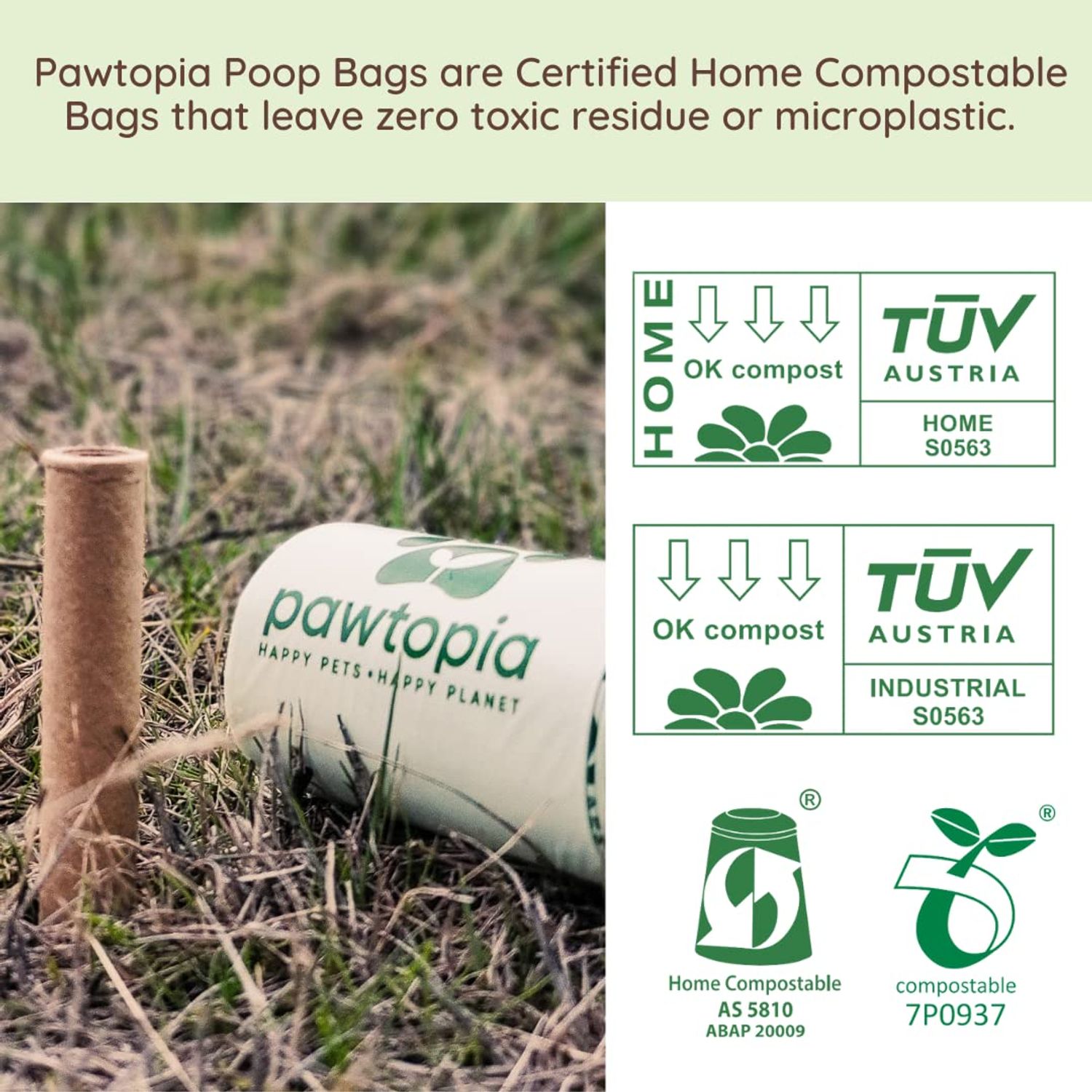 Pawtopia Certified Home Compostable Dog Poop Bags (120 Bags), Biodegradable Poop Bags, Cat Litter, Vegetable Starches, Eco-friendly Dog Waste Bags, Leak proof, Easy to Open, Give Back