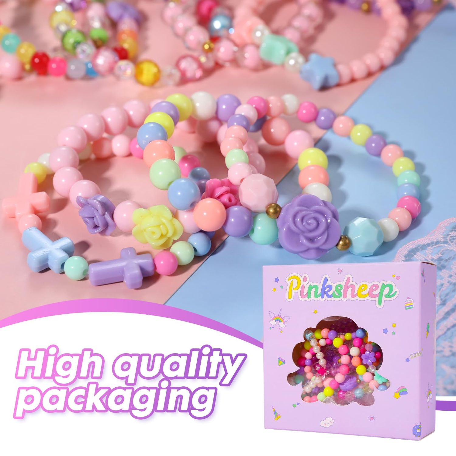 PinkSeep Beaded Bracelets for Kids- 12 Pack 36 PC, Little Girl Plastic Bracelets, Flower Butterfly Pink Bracelet, Party Favor