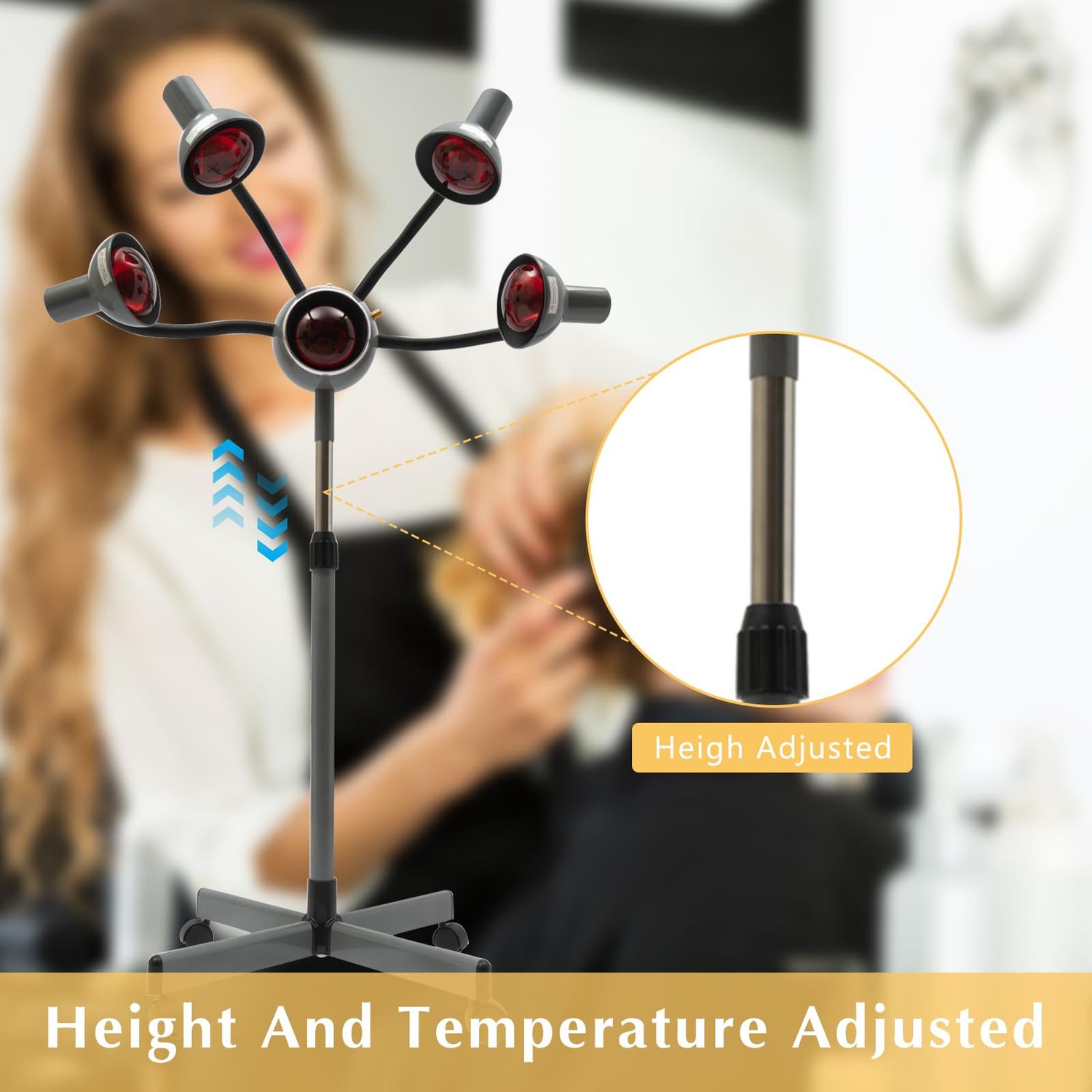 RustyVioum 5 Head Infrared Heat Lamp, 110V 750W Professional Hair Steamer Rolling Infrared Beauty Color Processor with Rolling Base, Hair Salon Barber Equipment Infrared Heating Lamp