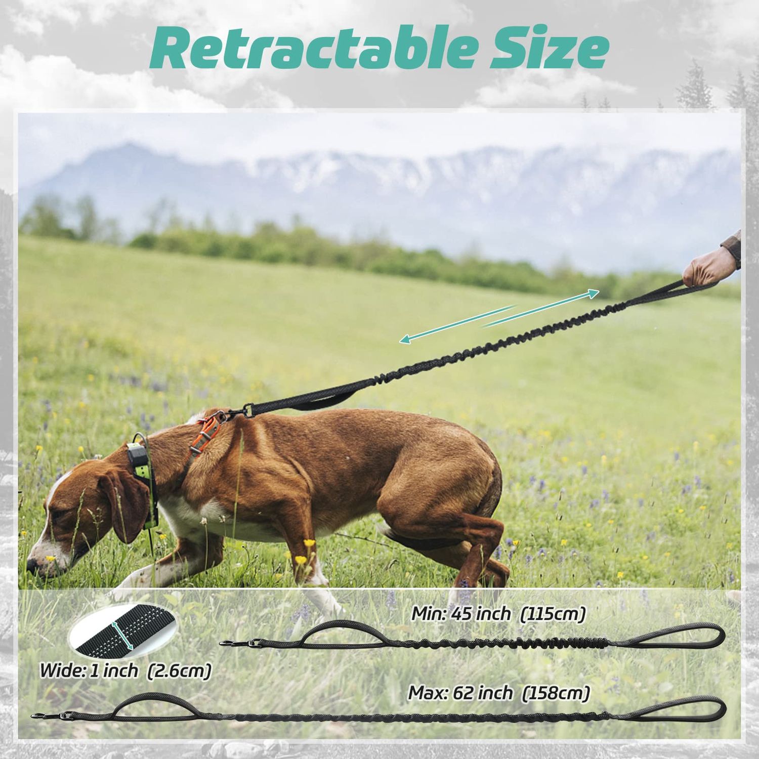 rabbitgoo Tactical Dog Leash, Bungee Dog Training Leash with Shock Absorption, Black Military Dog Leash with 2 Padded Control Handles for Medium Large Dogs, 5.2FT