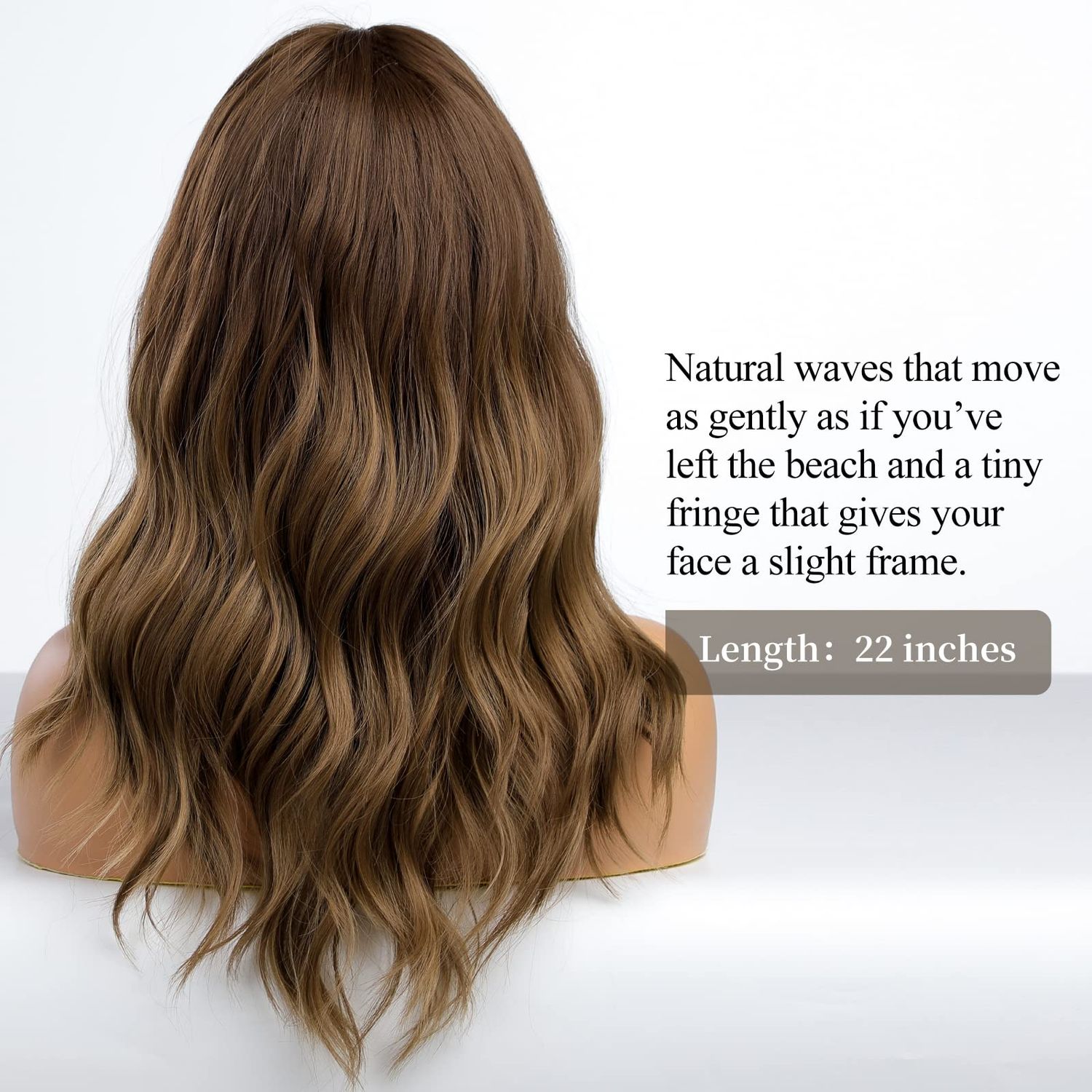 HAIRCUBE Long Wave Brown Wigs With Bangs,Ombre Brown Curly Wigs for Women Heat Resistant Synthetic Wigs
