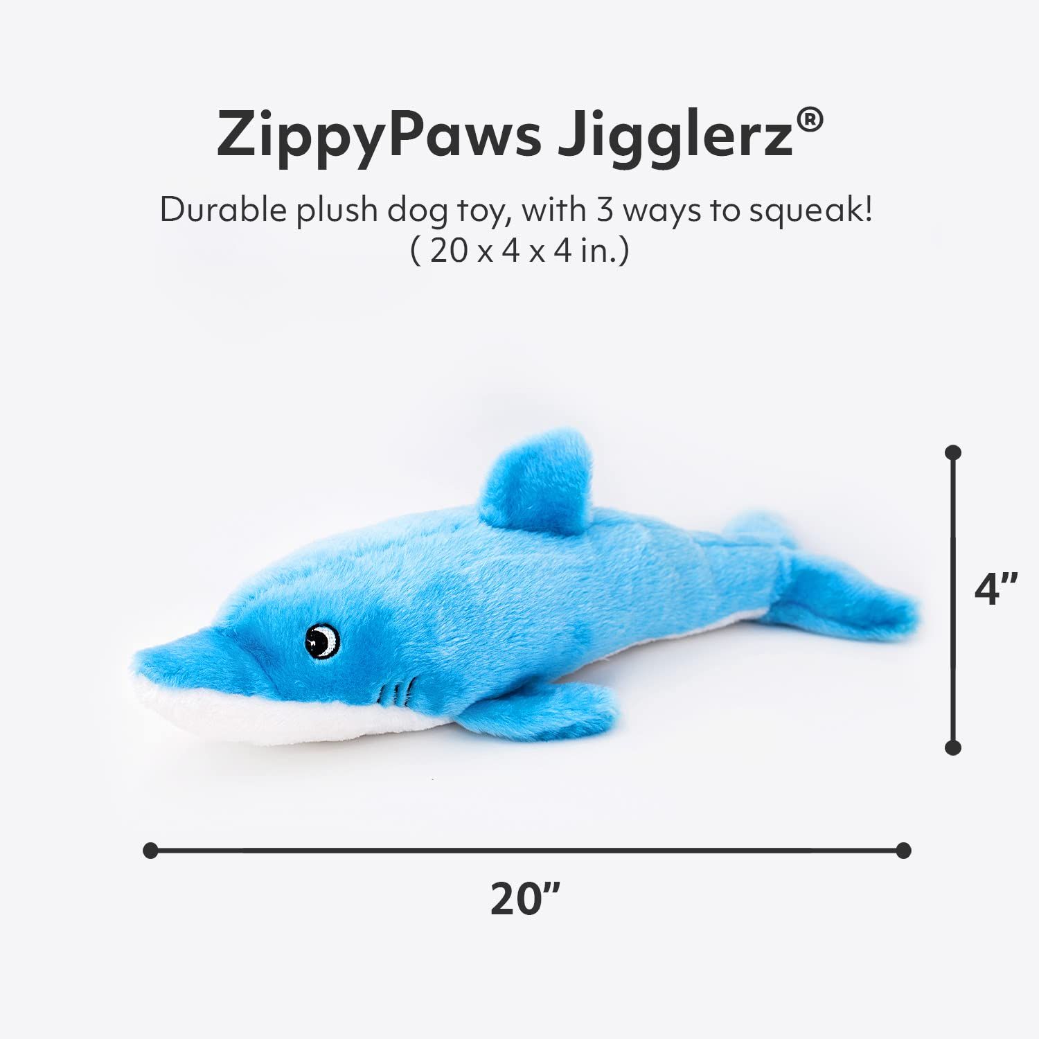 ZippyPaws Jigglerz Plush Dog Toy with Squeaker, Stuffed Toy for Tough Play, Blue Dolphin