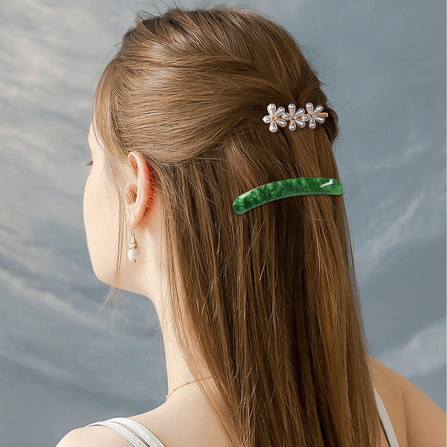 3PCS Hair Barrette for Women, French Hair Barrette Tortoise Shell Automatic Hair Clips for Thick Medium Volume Hair,Girls Women Hair Pin Retro Hair Clasp (Light Blue,Star Green,emerald)