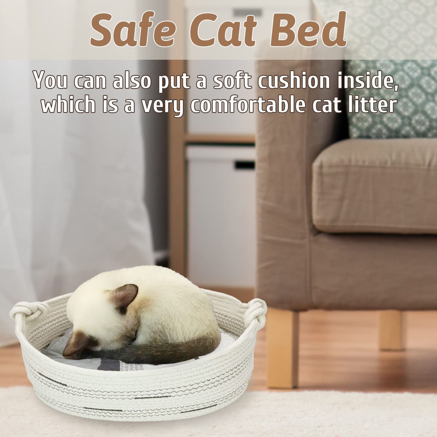 Fhiny Cotton Rope Dog Toy Basket with Handle Puppy Toys Storage Bin Small Woven Rectangle Diapers Pet Kitty Bed Perfect for Carry Pet Chew Toys Blankets Leashes Doggie Stuff - Beige L