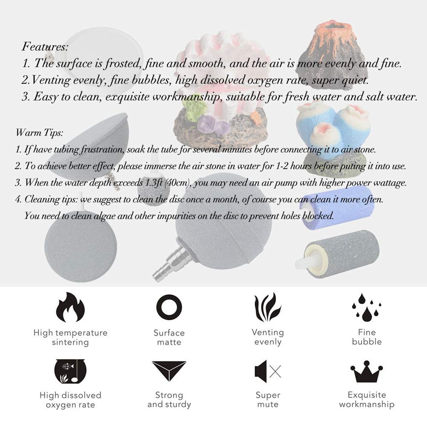 Quickun 3.1 Inch Updated Crazy Air Mineral Ball Stone Cylinder Bubbler Plus Diffuser Aquarium Fish Tank Hydroponics Pump Airstones Diffuser 3/16" 5/16" Hose ID