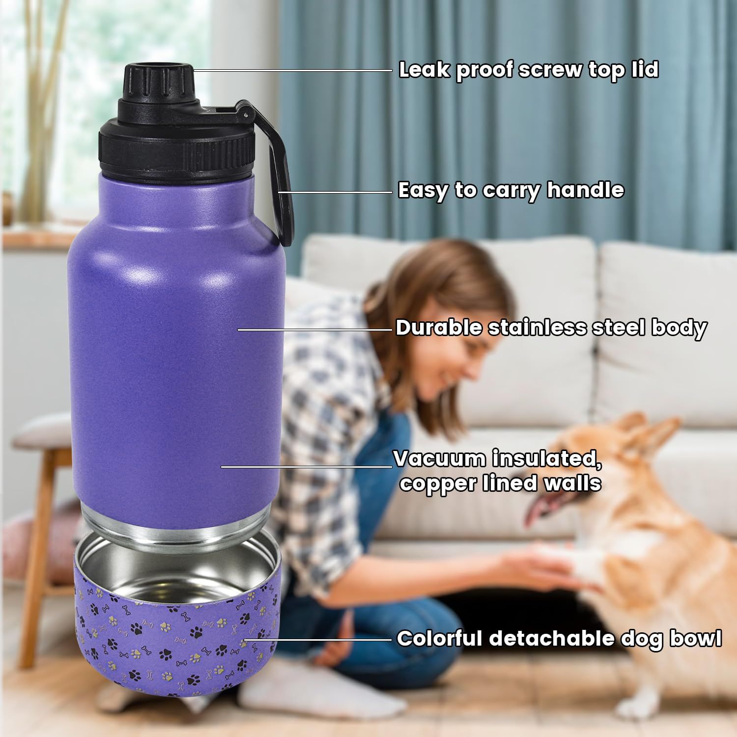 AGH Dog Water Bottle, 32oz Portable Dog Water Bottle with Detachable Bowl Food Feeding, Double Wall Vacuum Flask Stainless Steel Dog Travel Water Bottle for Walking and Hiking, Purple