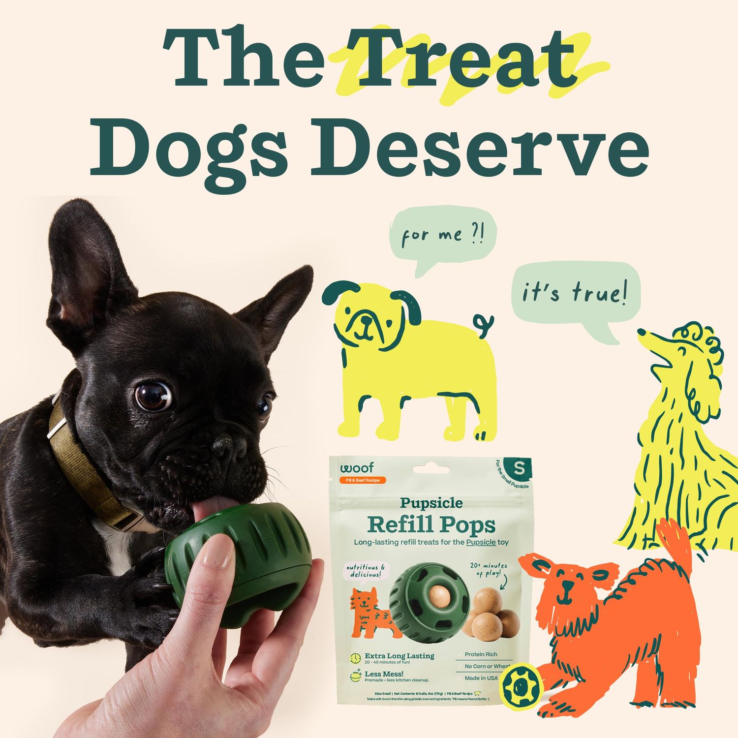 WOOF Pupsicle Refill Pops - Low-Mess Dog Snacks - with Peanut Butter and Beef - Dog Treats - Long Lasting - Small Pops - 10 Count