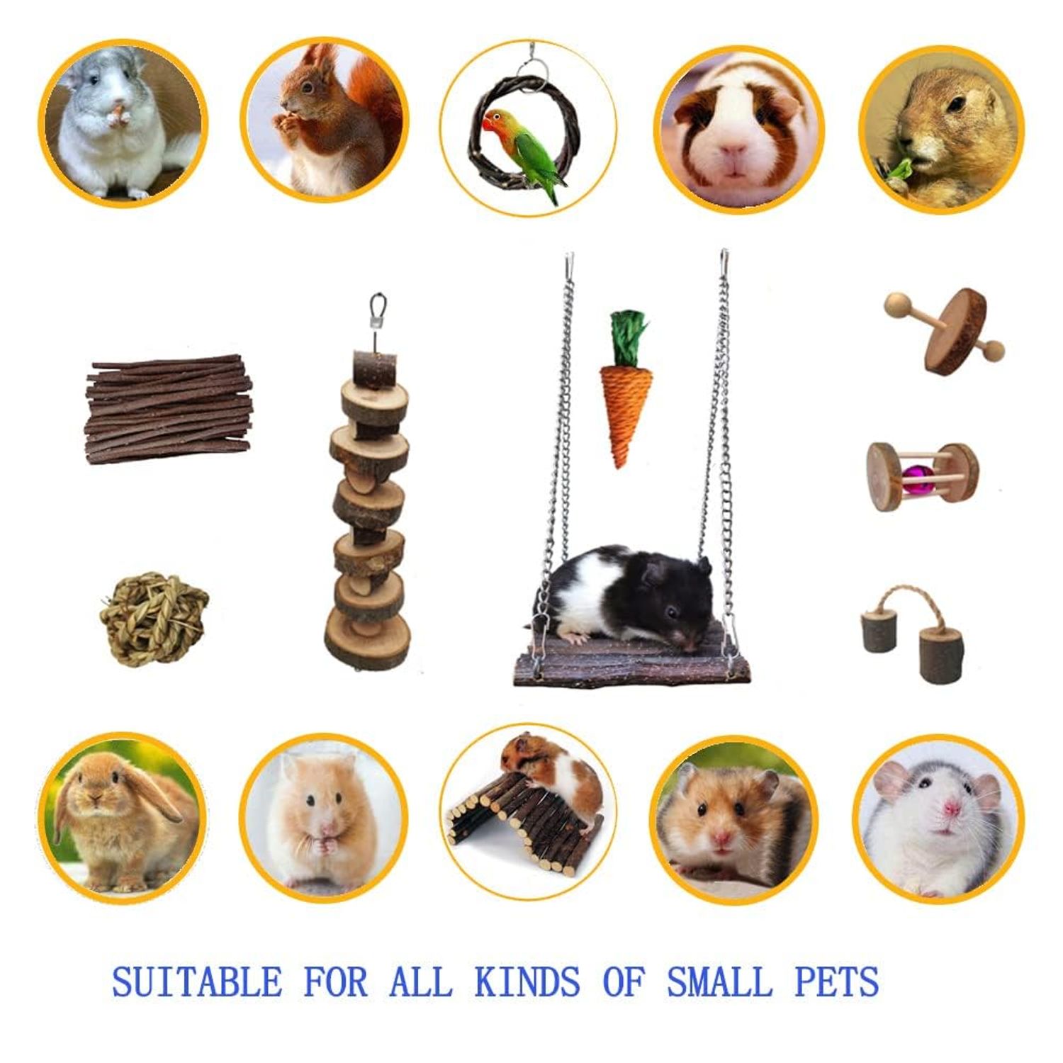 Syhemtya Chinchilla Toys Hamster Chew Toys Guinea Pig Toys Rat Toys Hamster Cage Accessories Small Animal Teeth Care Apple Wooden Accessories Set,Ball Ladder Bridge Swing Roller for Playground