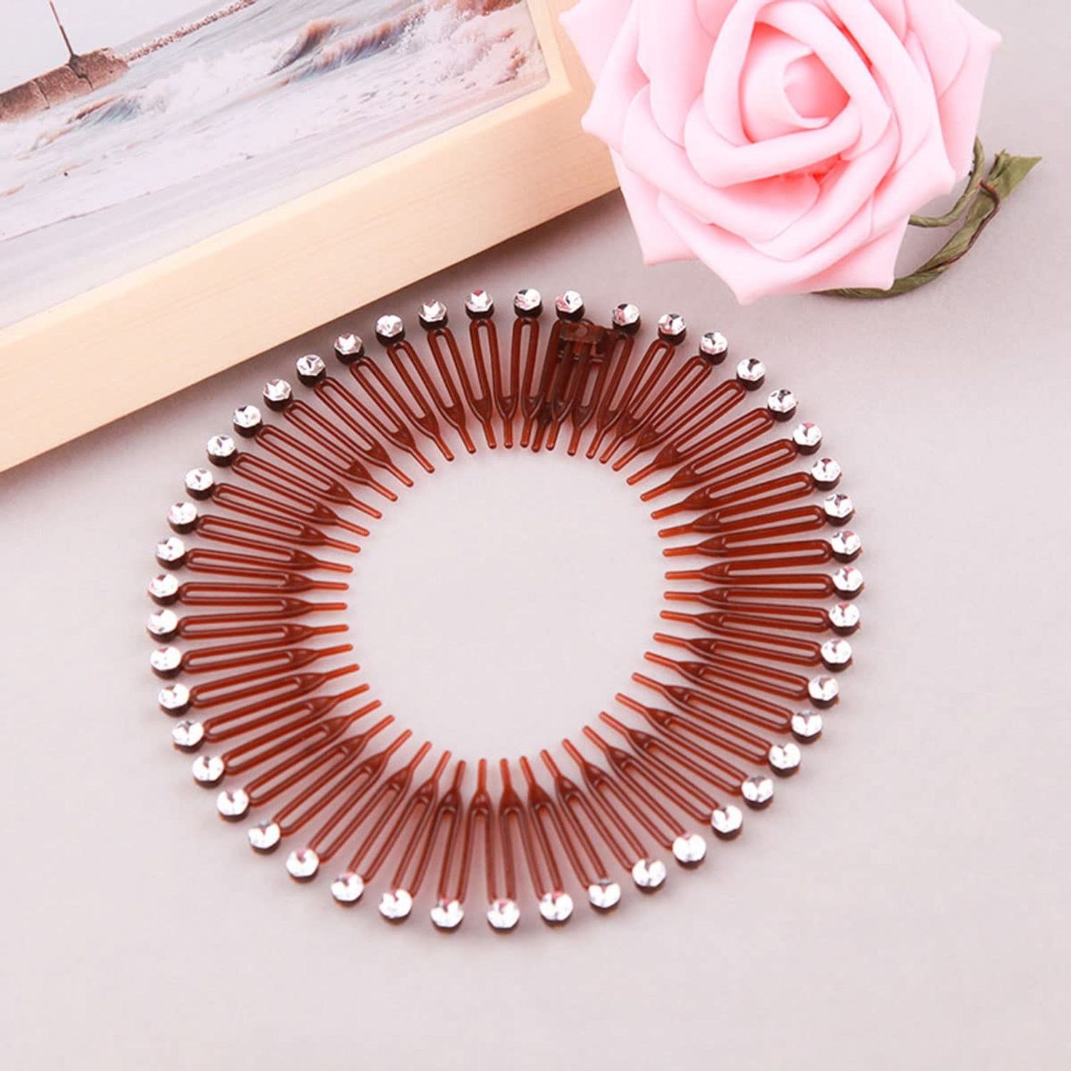Suoirblss 10PCS Stretch Flexible Hair Combs Headband Tooth Headband Hoop Fashion Stretchy Circle Flexible Comb Teeth Headband Hair Clips Women's Lady (Brown)
