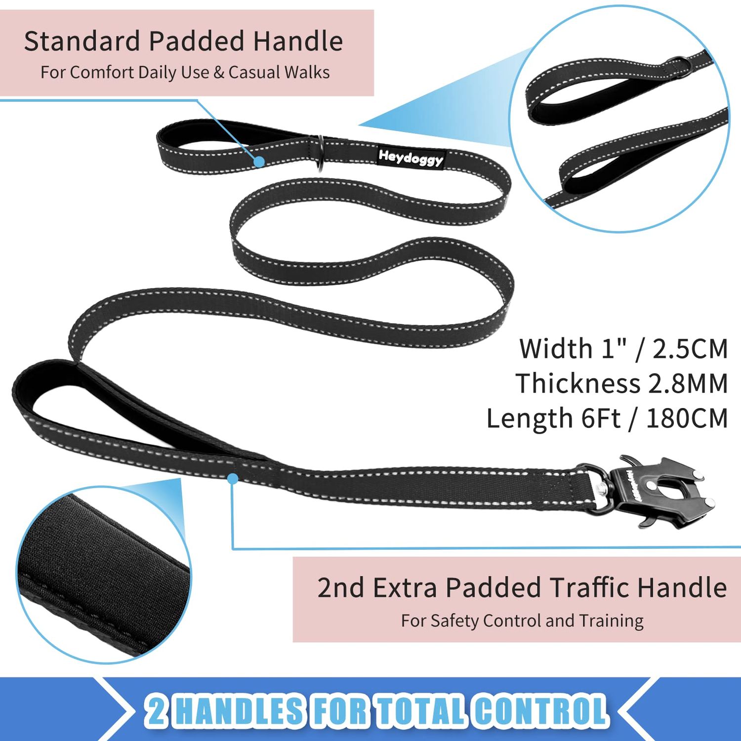 Strong Heavy Duty Dog Leash - 6ft Reflective Nylon Training Leash with Soft Padded Double Handle & Auto Lock Frog Clip - Safety Traffic Control for Large Medium Small Dogs No Pull Walk Black Black,6ft