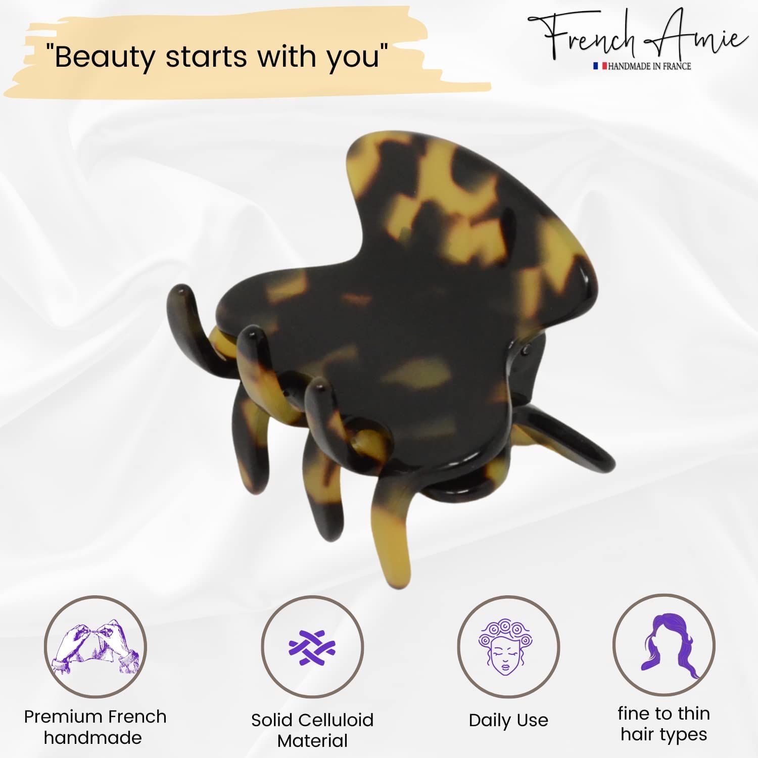 French Amie Flat Oval Yellow Tokyo Small 1 3/4” Handmade Celluloid Interlocking Hair Claw Clip for Women and Girls