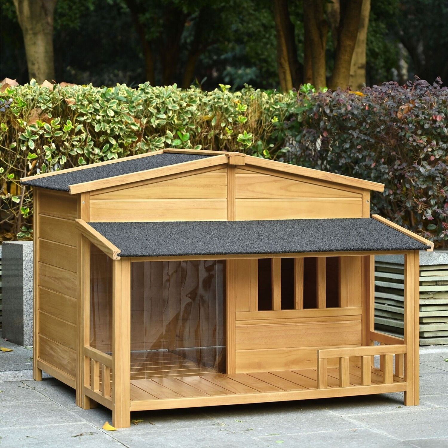 Outdoor Wooden Raised Dog House Pet Kennel w/ Porch, Medium, 40 lbs