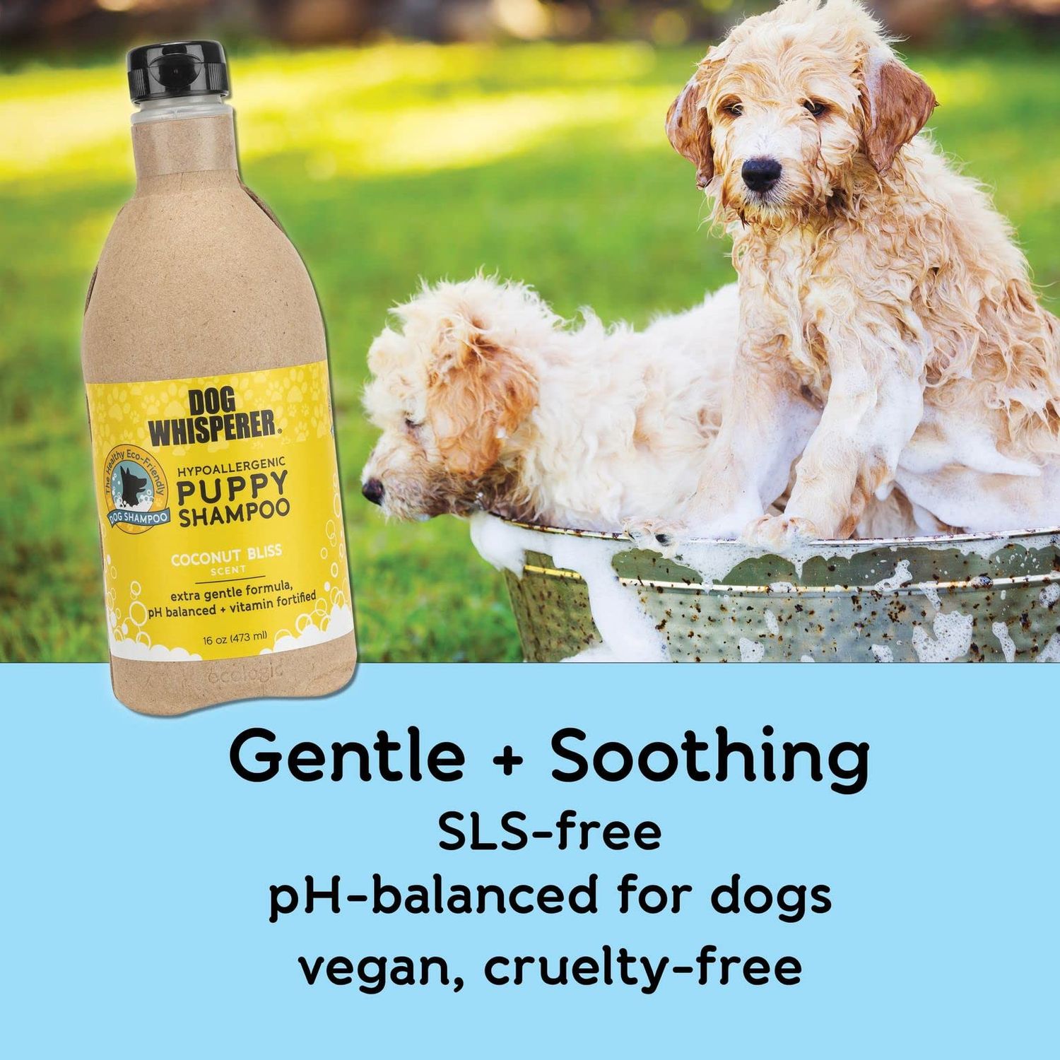 Dog Whisperer Hypoallergenic Puppy Shampoo by YAYA Organics | Gently Cleanses and Moisturizes with Organic Aloe Vera | Healthy + Eco-Friendly Formula with Coconut Bliss Scent | 16 oz