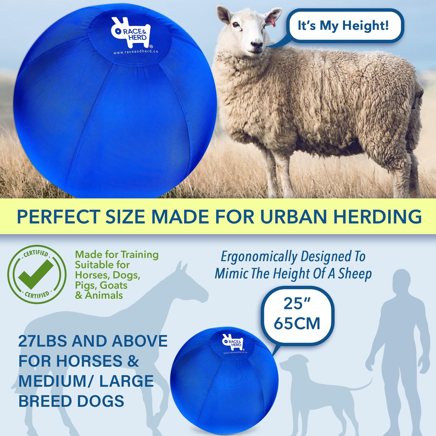 Race&Herd Herding Ball for Dogs Large & Medium, 25" Replacement Cover Dog Ball | Large Dog Toys, Hearding Ball, Horse Toys, Herding Balls for Cattle Dogs, Herding Ball for Australian Shepherd (Blue)