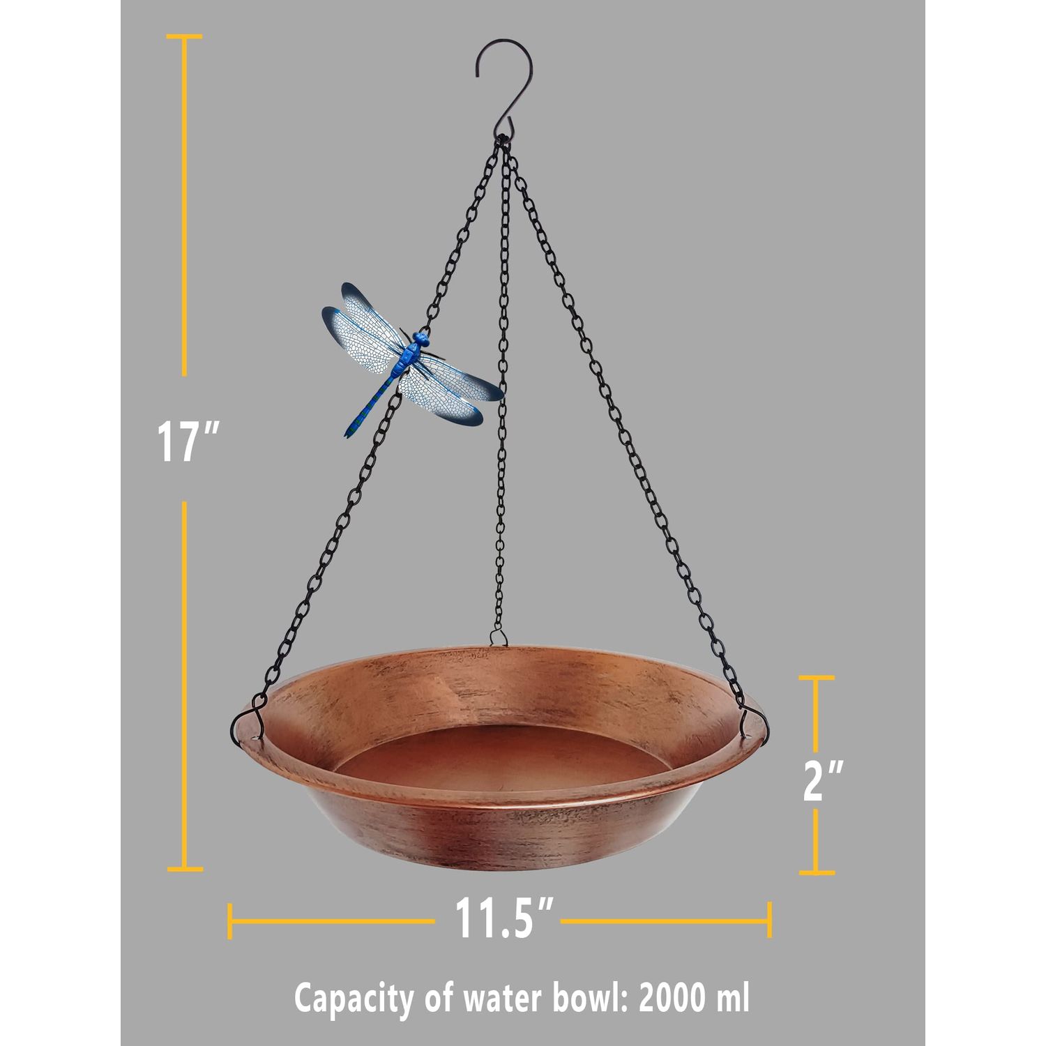 Keygift Hanging Bird Bath for Outdoor, Antique Copper Metal Bird Feeder Birdbath Bowl with 17” Rust-Proof Black Chains for Garden Backyard Decor