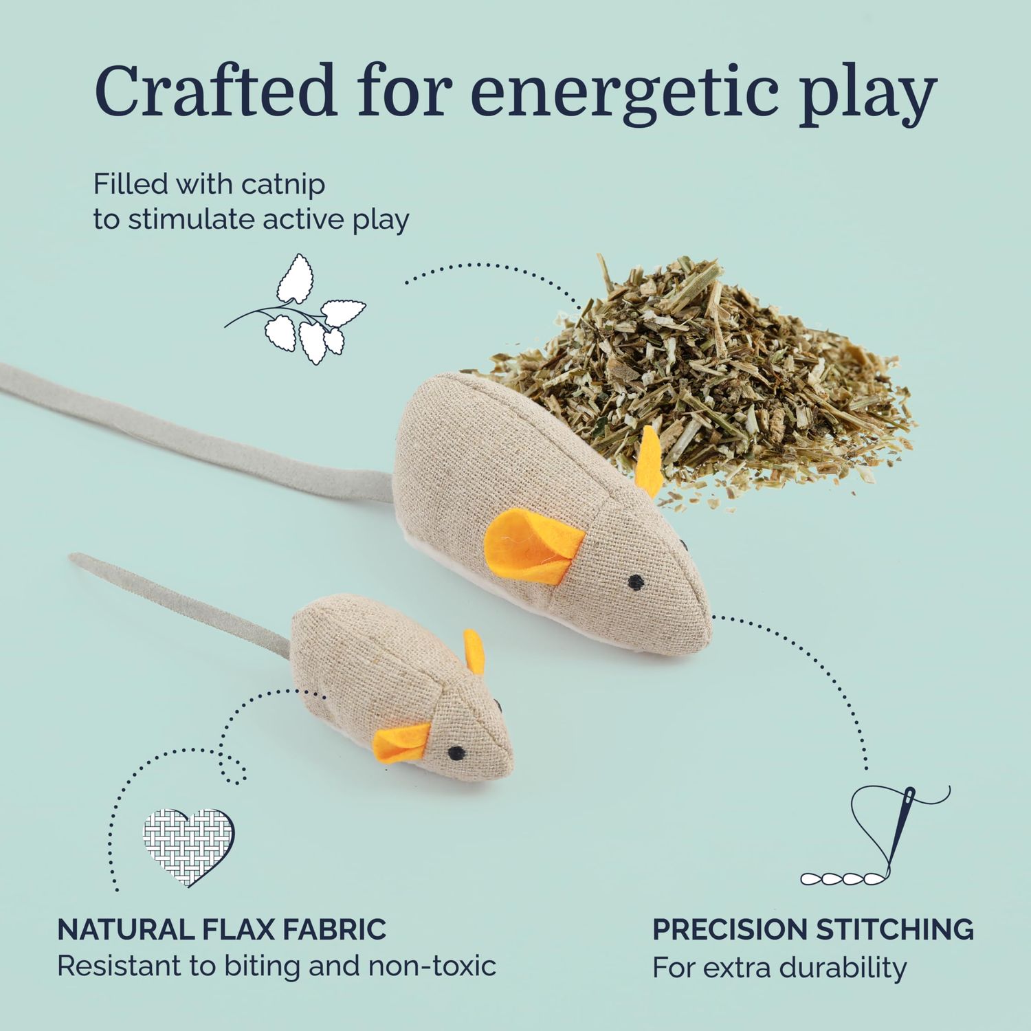 Hepper Catnip Mice Toy Set - Flax: Premium Catnip-Infused Mice Cat Toys for Endless Play, Multi-Textured Flax Fabric Ideal for Quiet Self-Play - 2 pcs Pet Toys for Cats for Kicking & Tossing