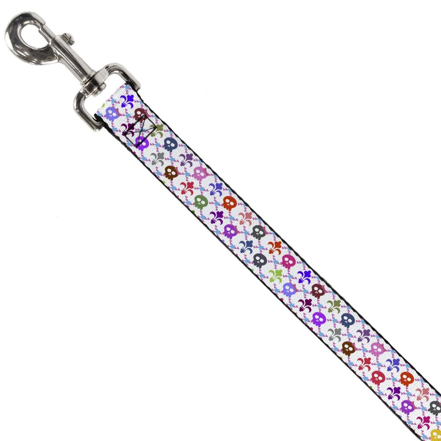 Buckle-Down Pet Leash - Skull & Fleur-de-Lis White/Multi Color - 4 Feet Long - 1" Wide