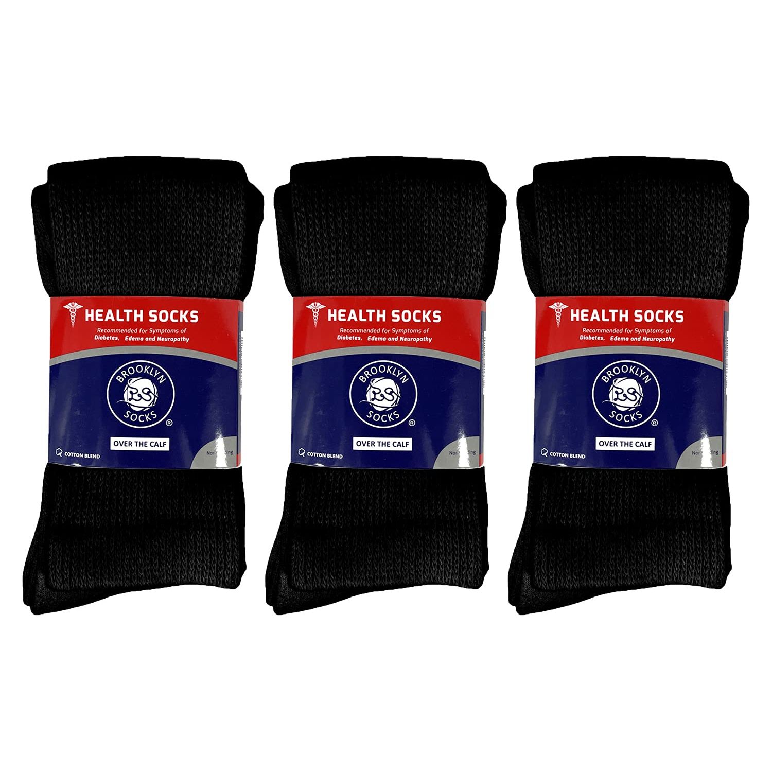 6 Pairs of Diabetic Over The Calf - Knee High Cotton Socks (Black - 6 Pairs, Fit Men's Shoe Size 10-12)